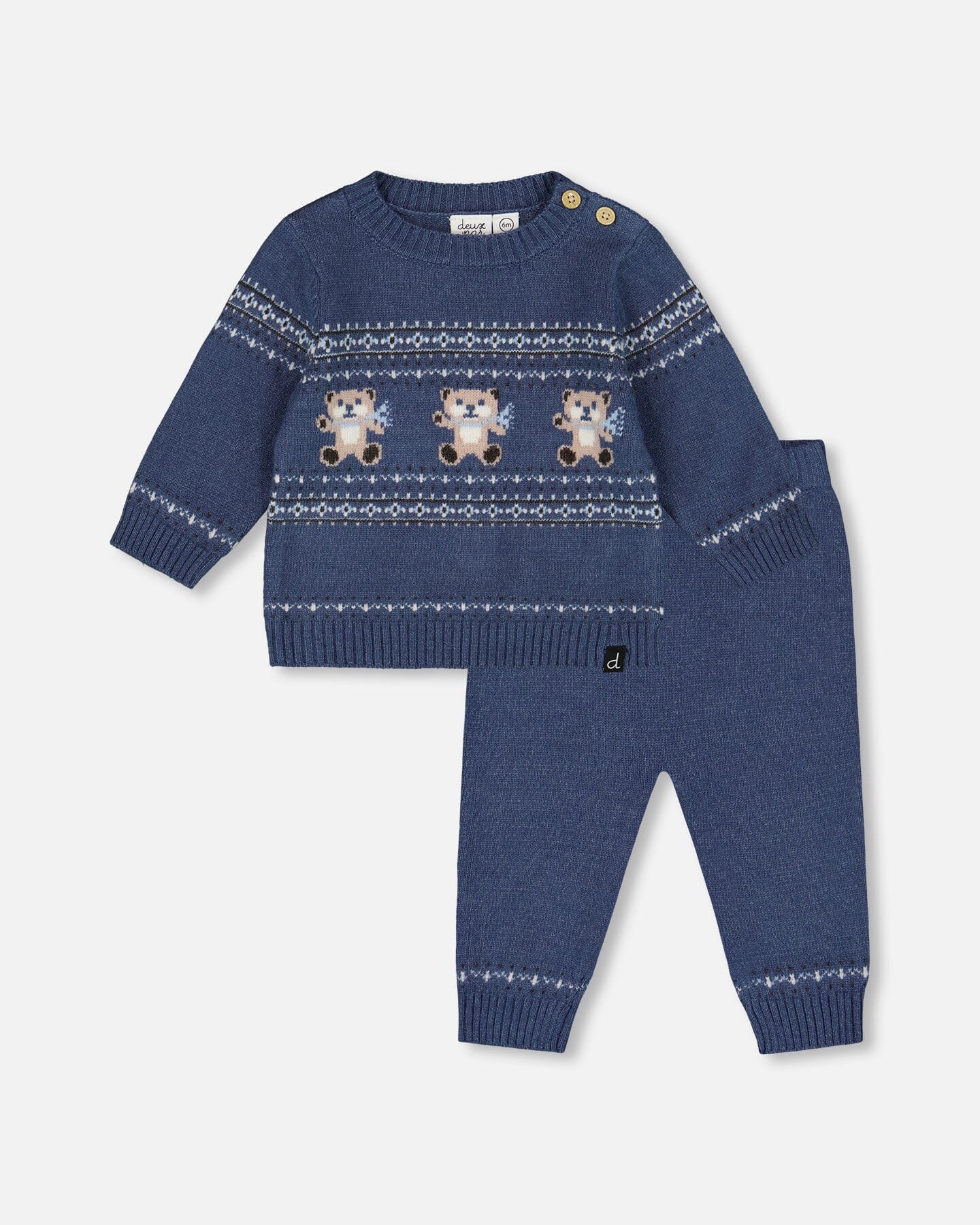 Knitted Jacquard Sweater And Pant Set Blue Gray With Bears - Deux par Deux