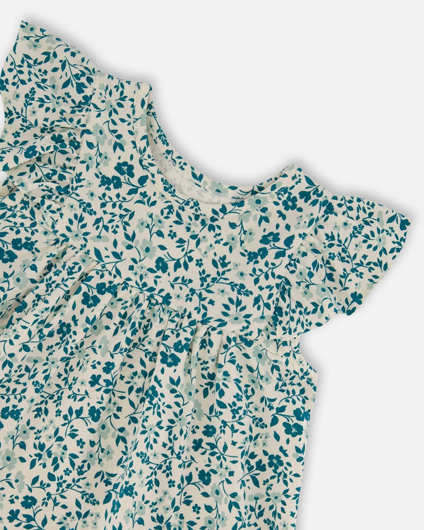 Printed Organic Cotton Dress Small Turquoise Flowers - Deux par Deux