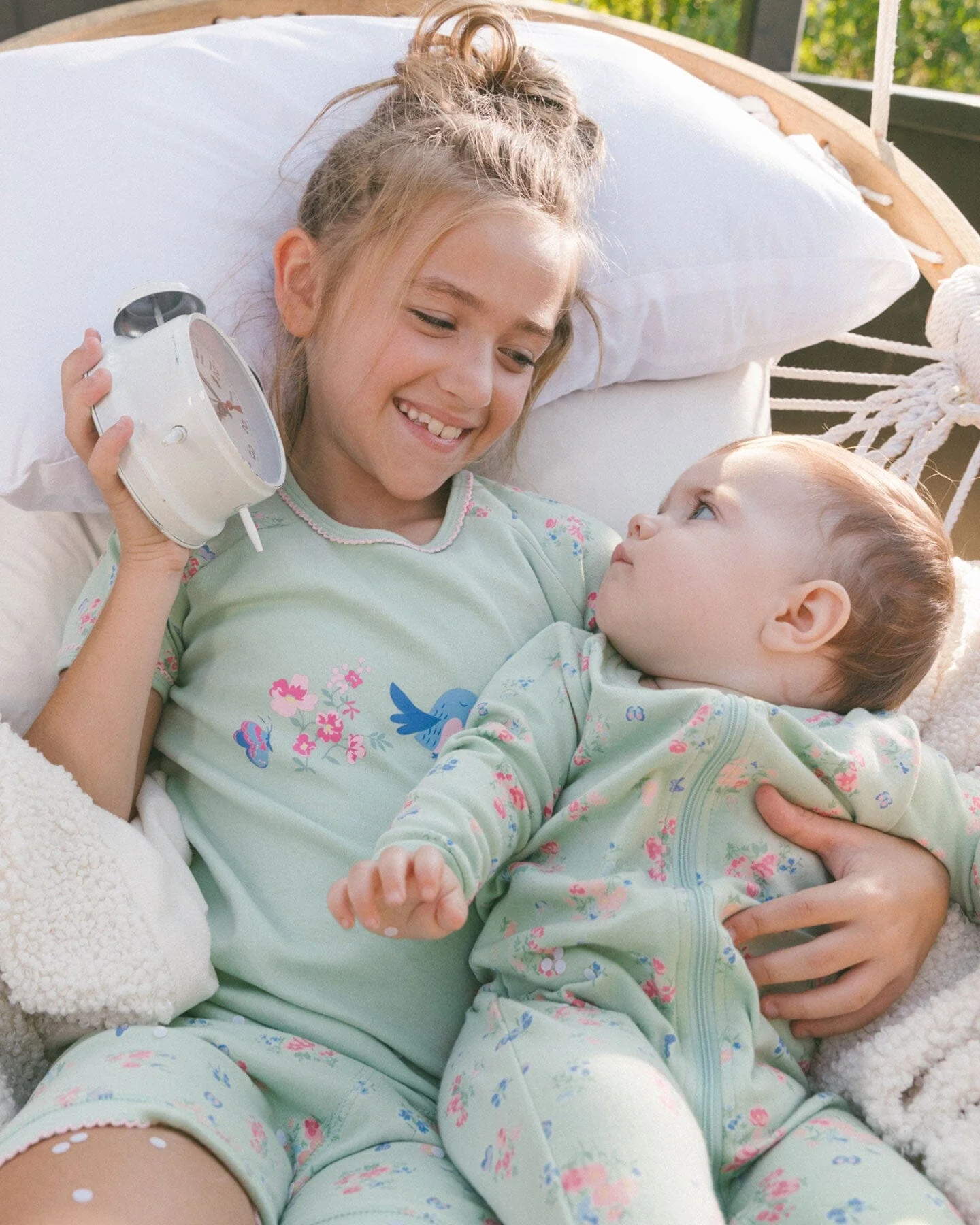 Organic Cotton Two-Piece Short Pajama Set Small Pink And Blue Flowers On Light Sage - Deux par Deux