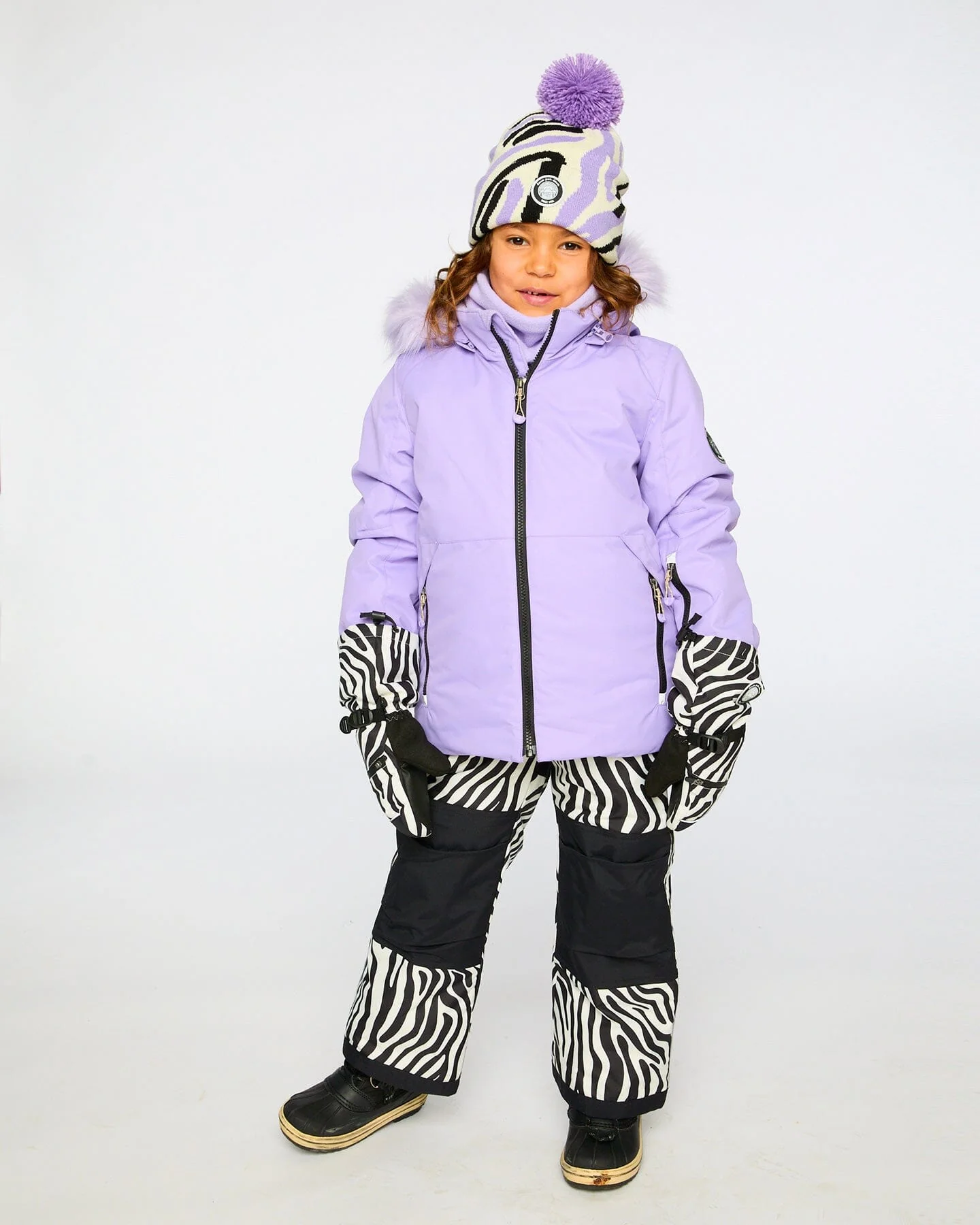 Lined Knit Pompom Hat Black, White And Lilac - Deux par Deux