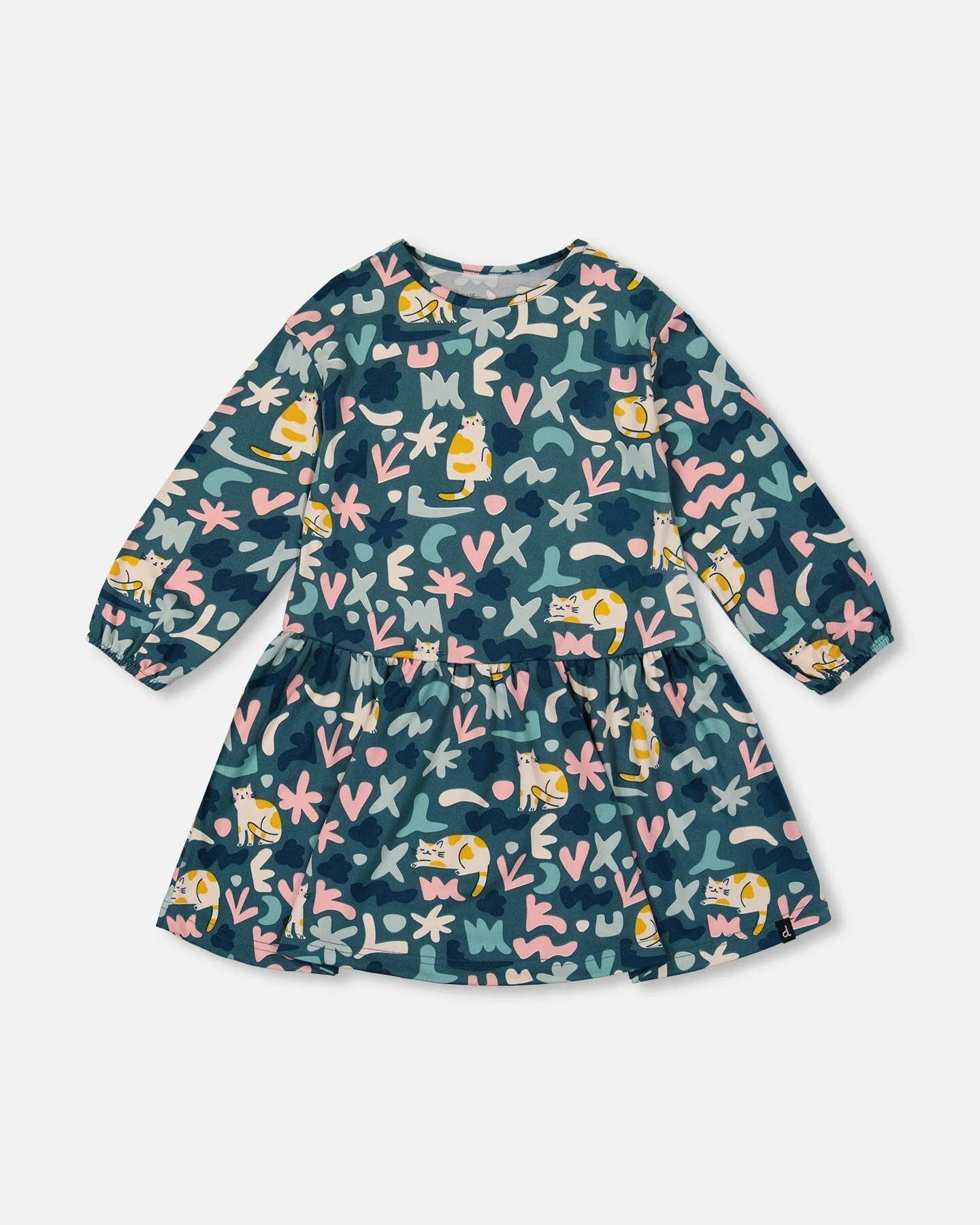 Jersey Dress Green Cat Print - Deux par Deux