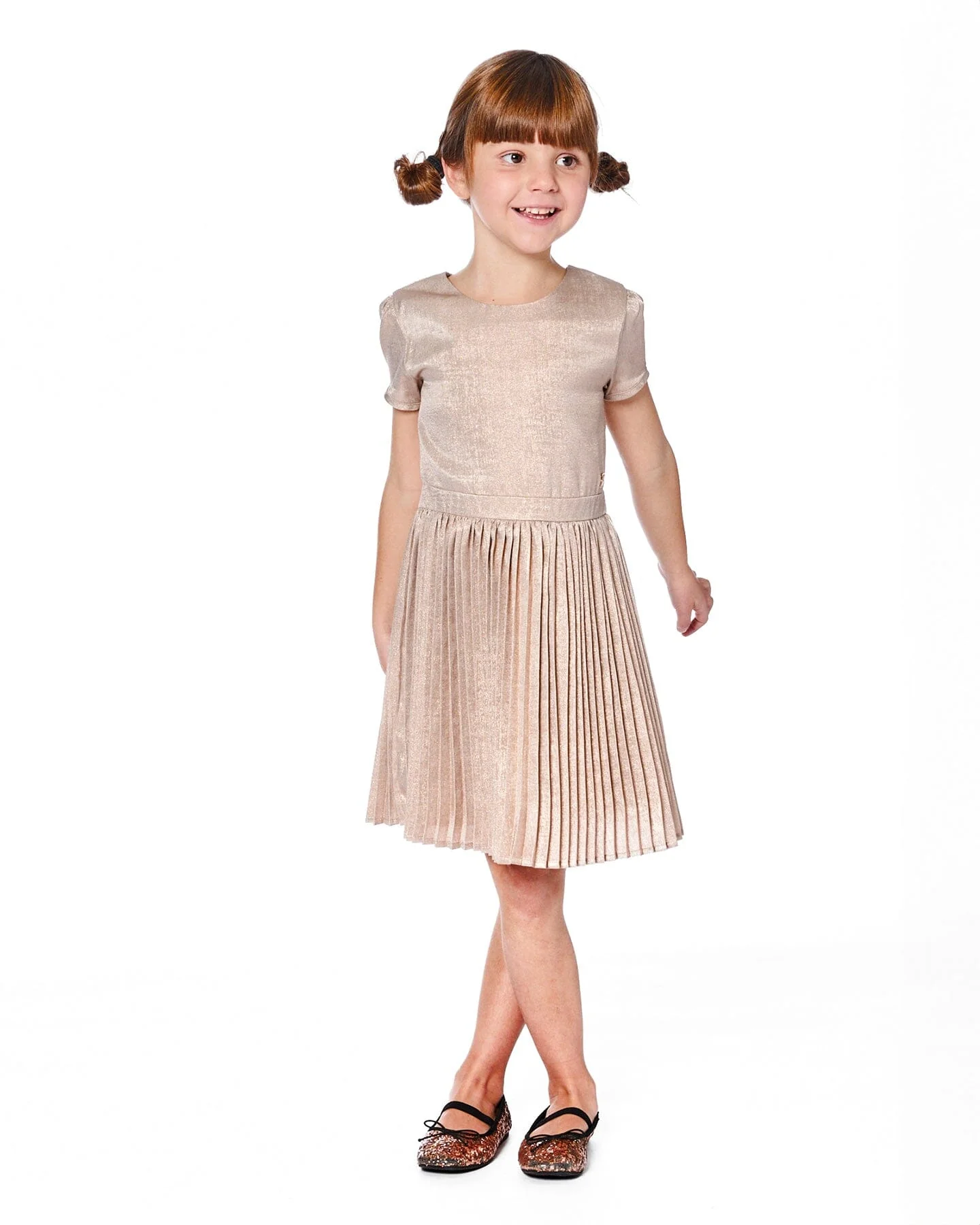 Short Sleeve Dress With Pleated Skirt Light Caramel - Deux par Deux
