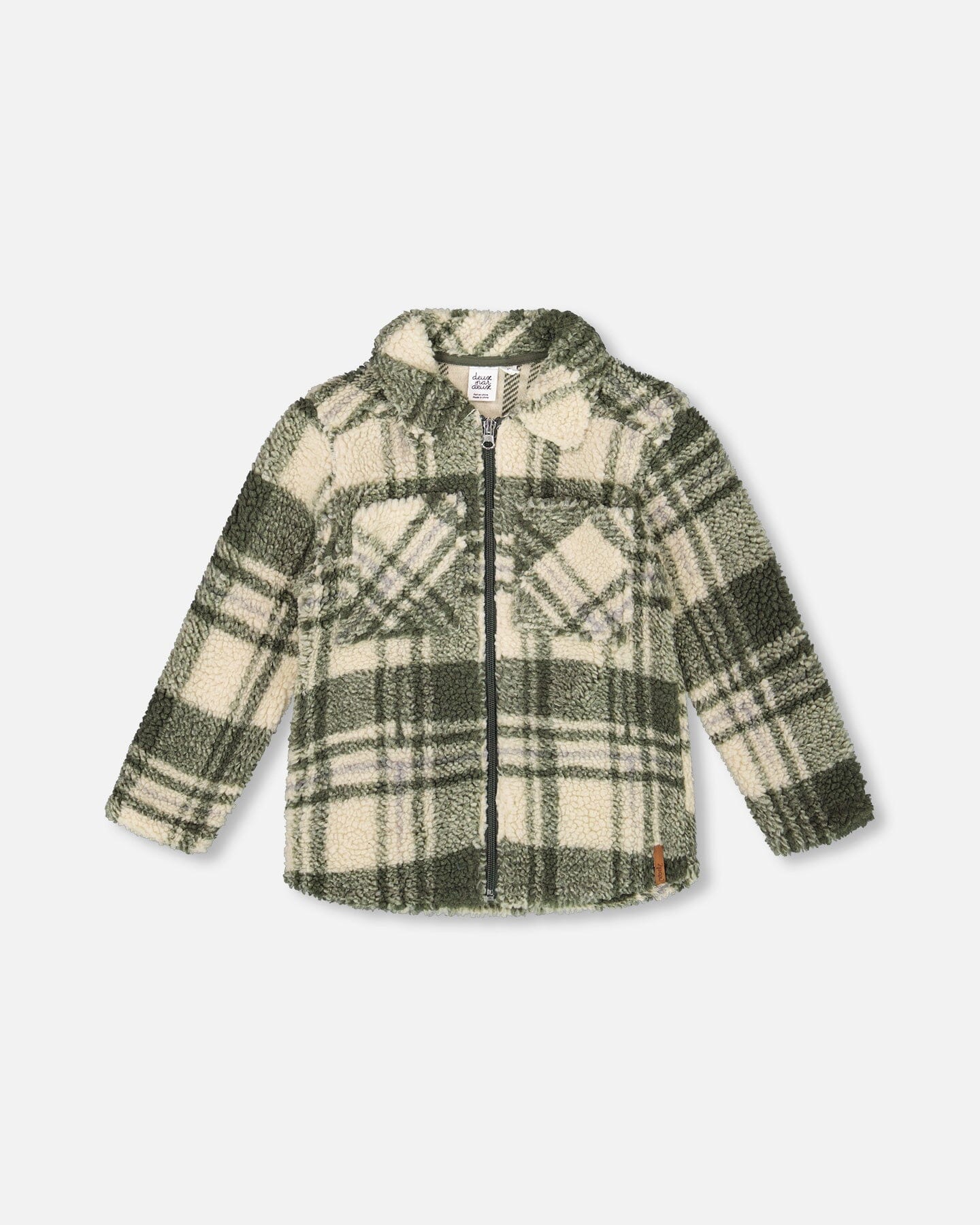 Sherpa Long Sleeve Zip Front Overshirt Sage And Beige Plaid - Deux par Deux
