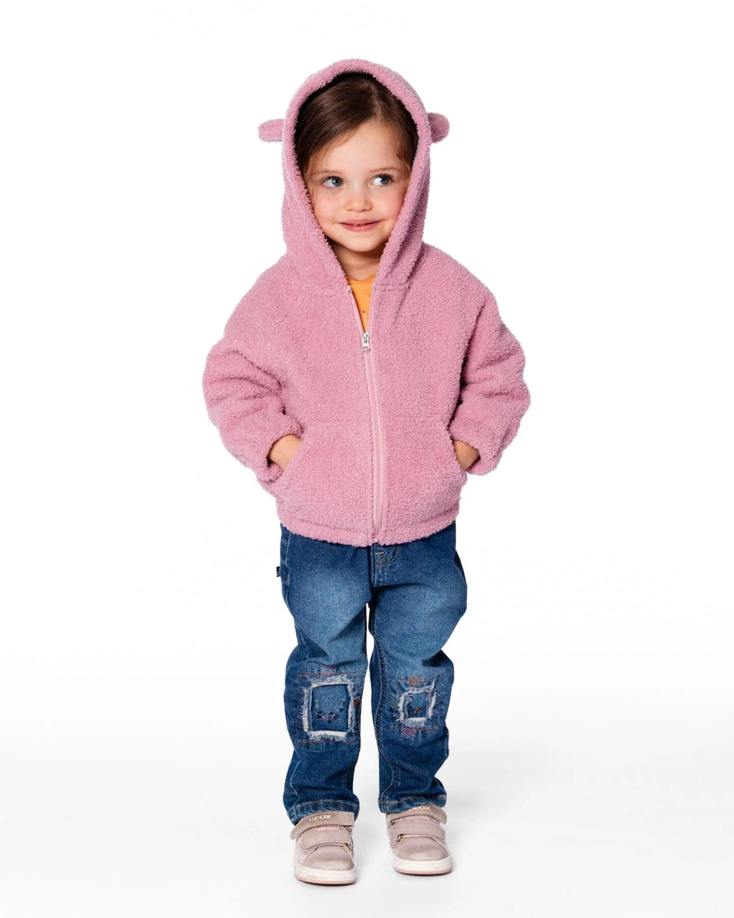 Hooded Full Zip Cat Plush Jacket Dusty Pink - Deux par Deux