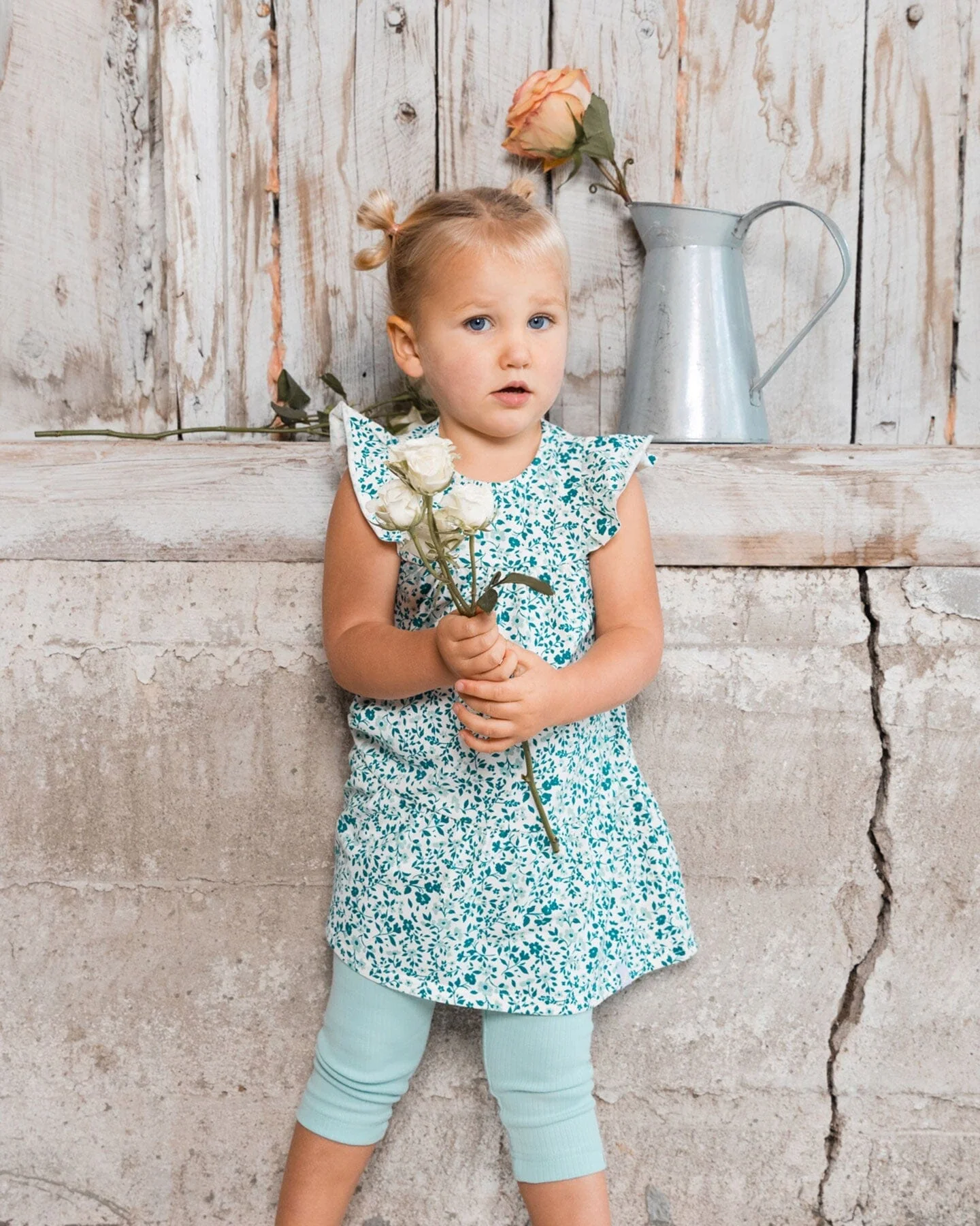 Printed Organic Cotton Dress Small Turquoise Flowers - Deux par Deux