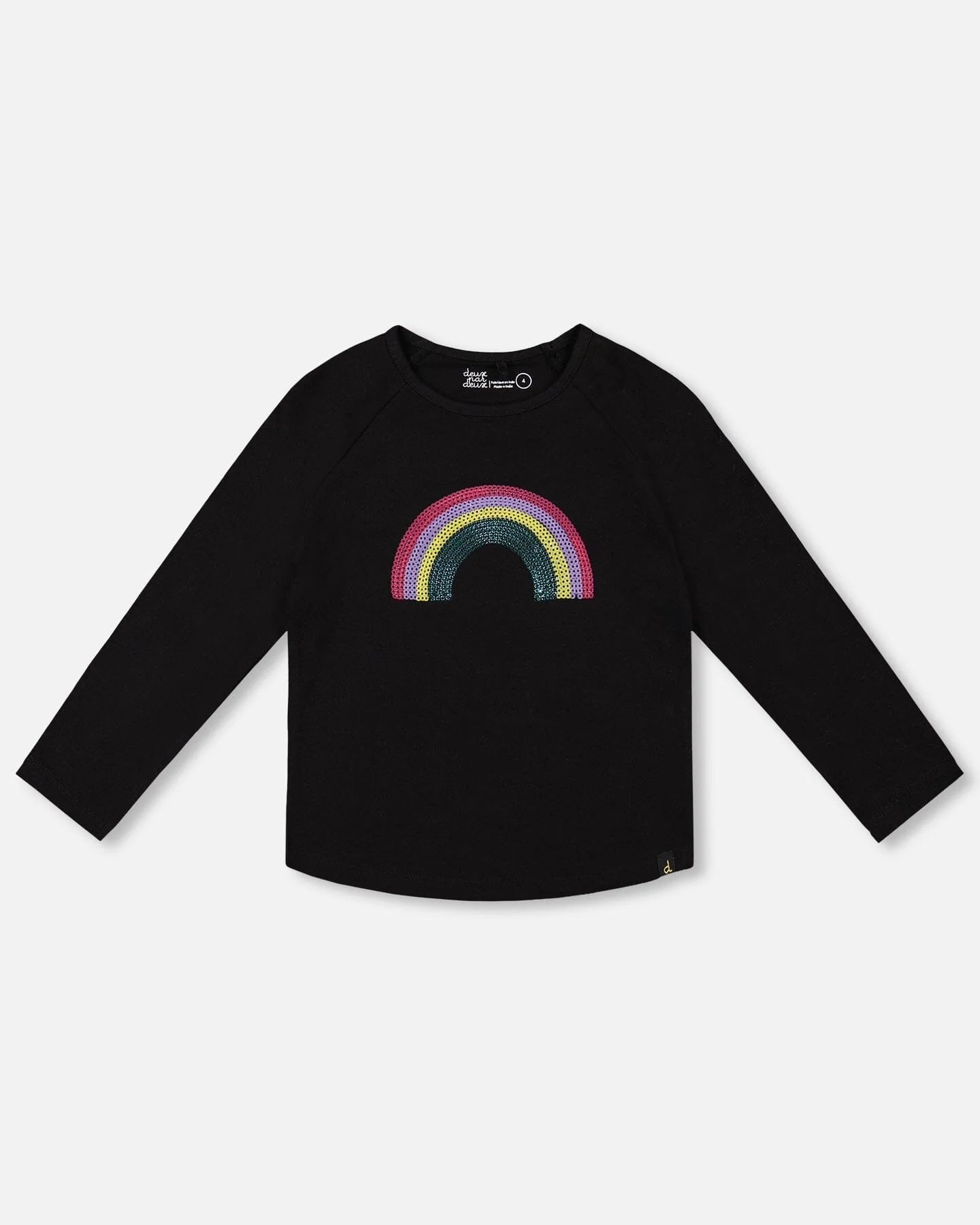Organic Cotton Long Sleeve T-Shirt Black With Sequin Rainbow - Deux par Deux