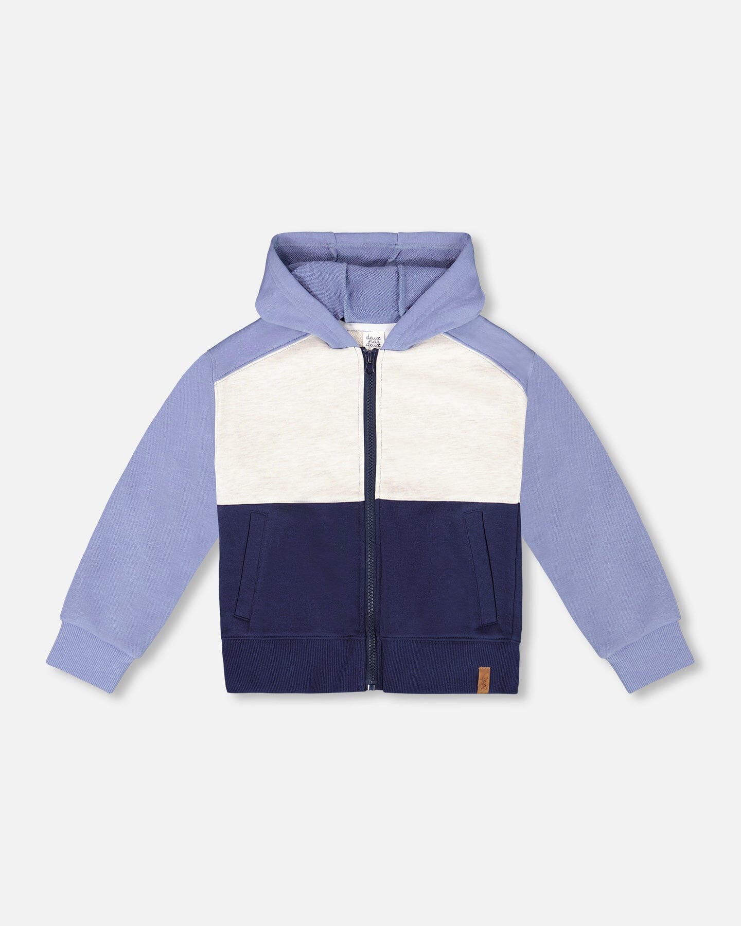 French Terry Color Block Full Zip Hoodie Sweatshirt Blue, Navy And Cream - Deux par Deux