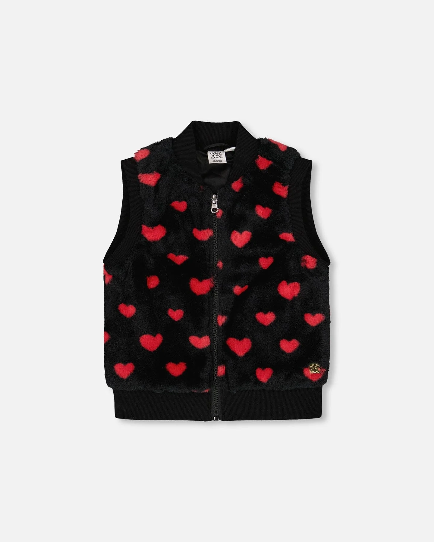 Faux Fur Sleeveless Vest Black And Red With Hearts - Deux par Deux