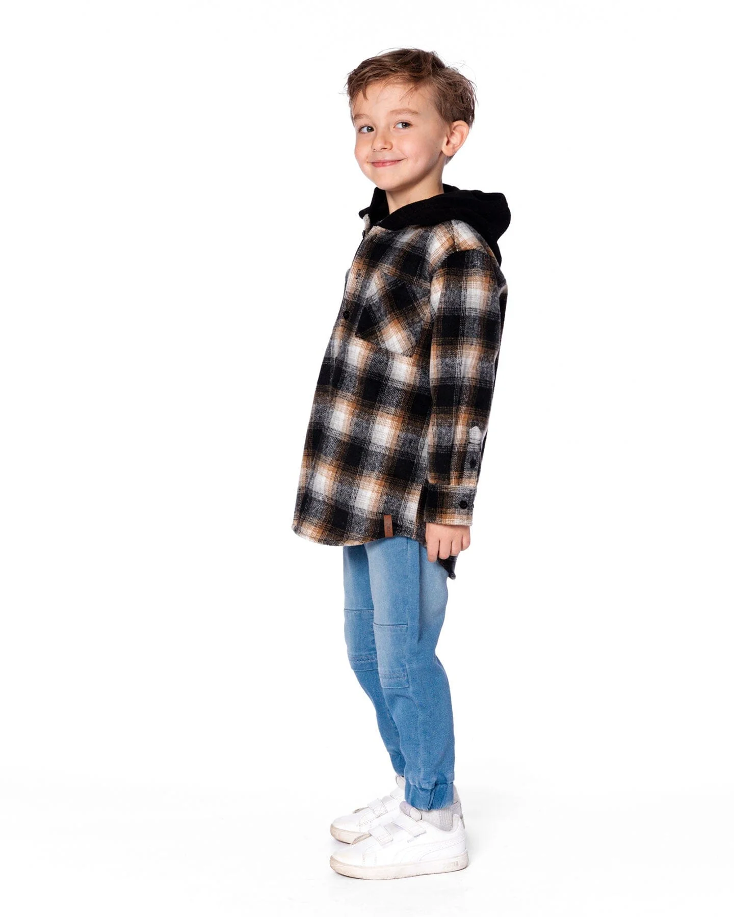 Hooded Polar Fleece Overshirt With Hood Black And Brown Plaid - Deux par Deux