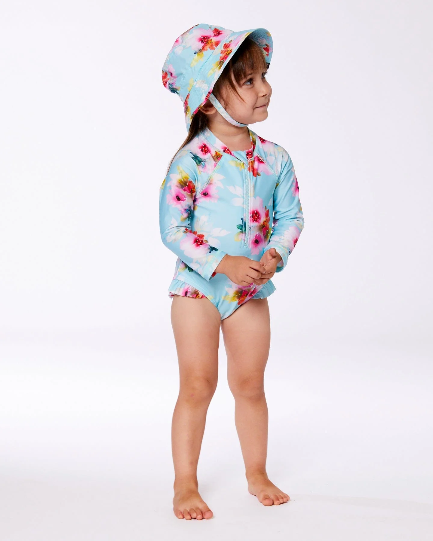 Printed One-Piece Rashguard With Frills Turquoise And Pink Flowers - Deux par Deux