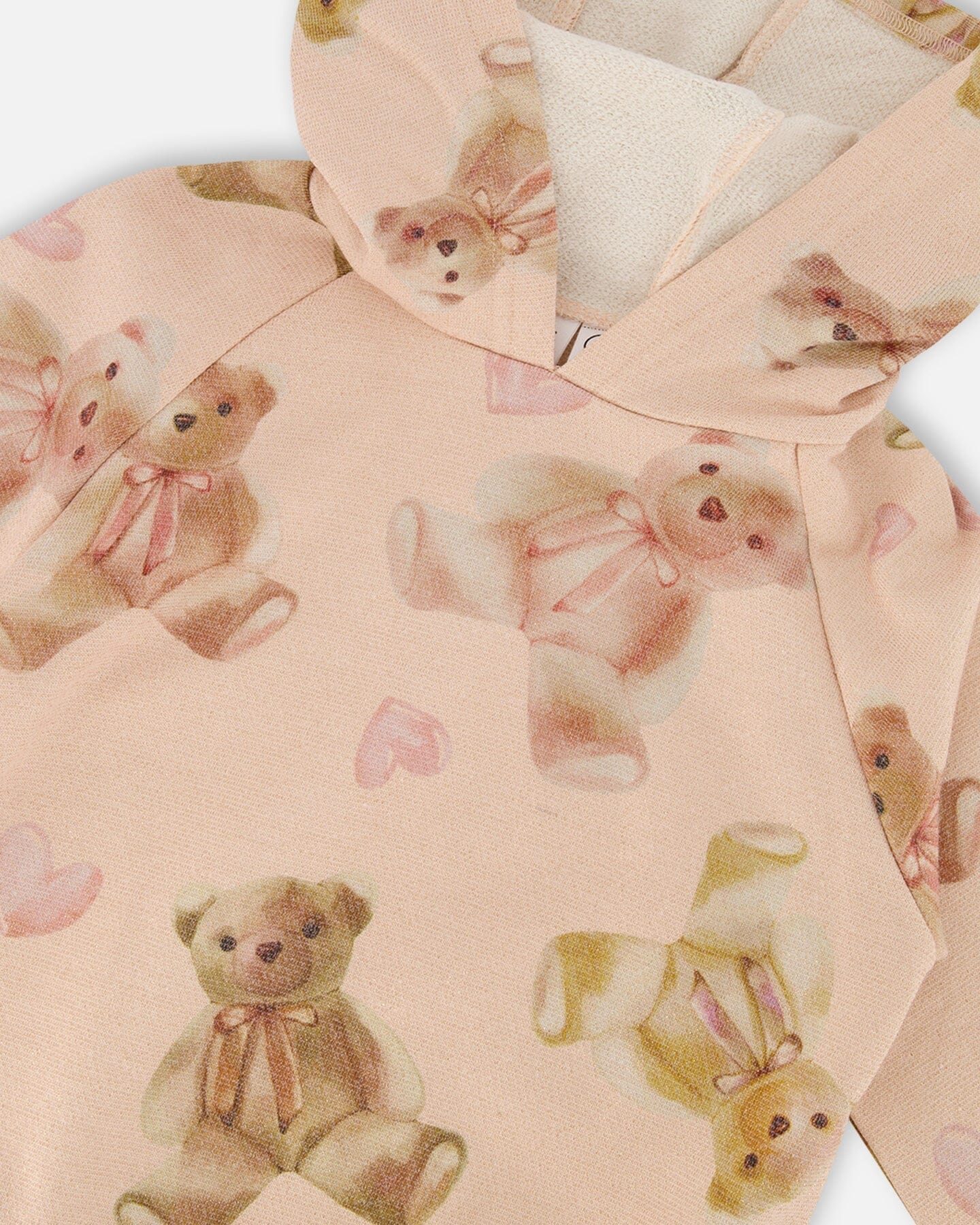 Glittering French Terry Hoodie Beige Teddy Bear Print - Deux par Deux