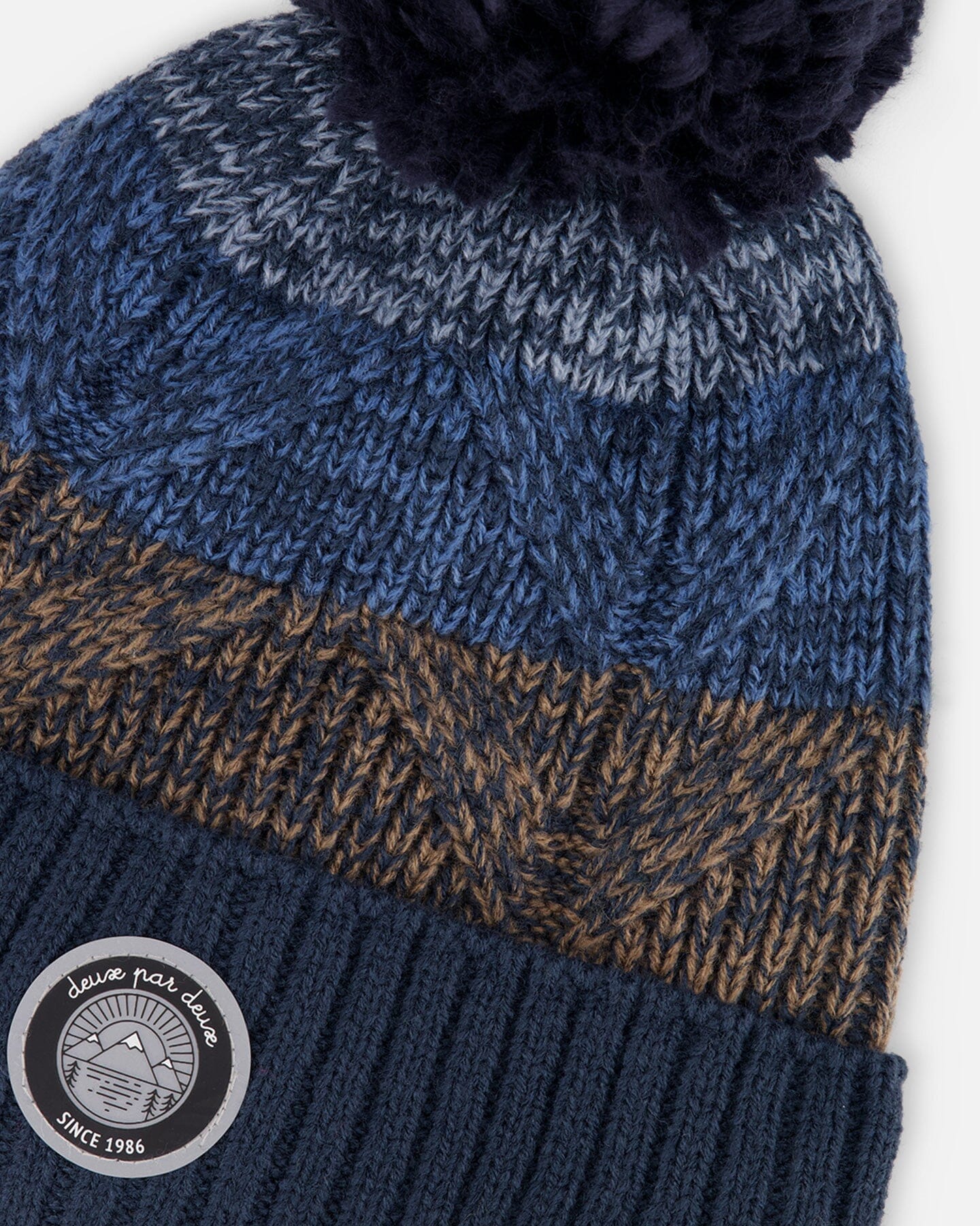 Lined Knit Pompom Hat Taupe And Navy - Deux par Deux