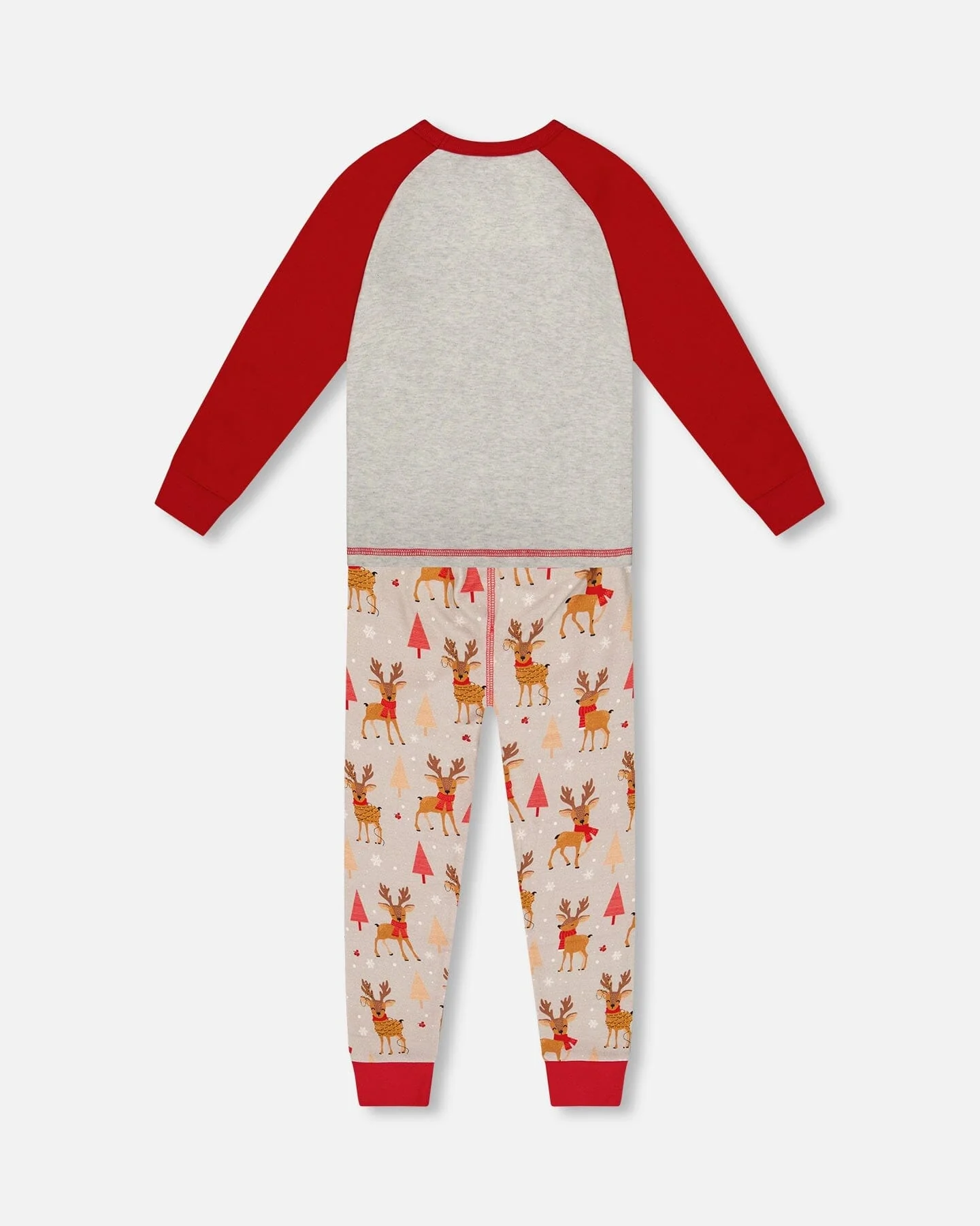 Two-Piece Organic Cotton Pajama Set Beige Reindeer Print - Deux par Deux
