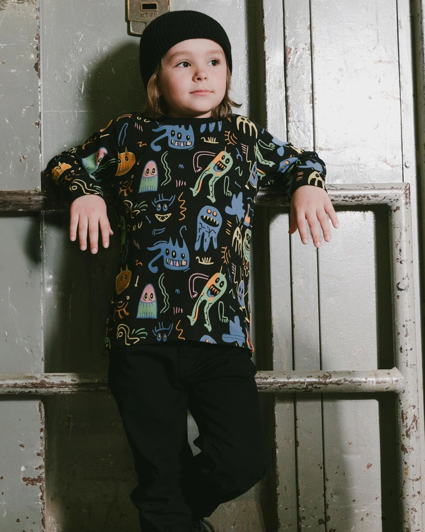 Long Sleeve Organic Cotton Allover Monsters Print Tee - Deux par Deux