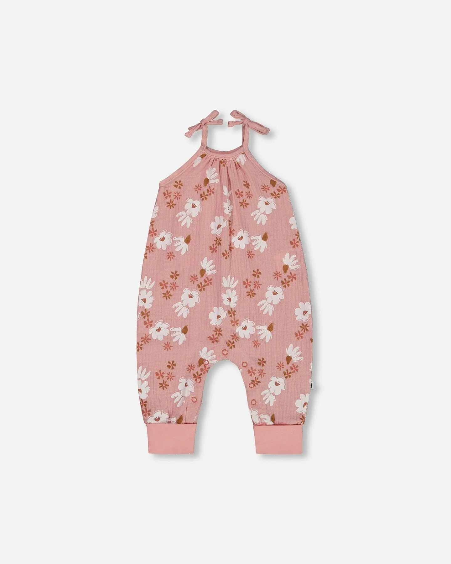 Printed Muslin Tie Strap Jumpsuit Pink And White Flowers - Deux par Deux