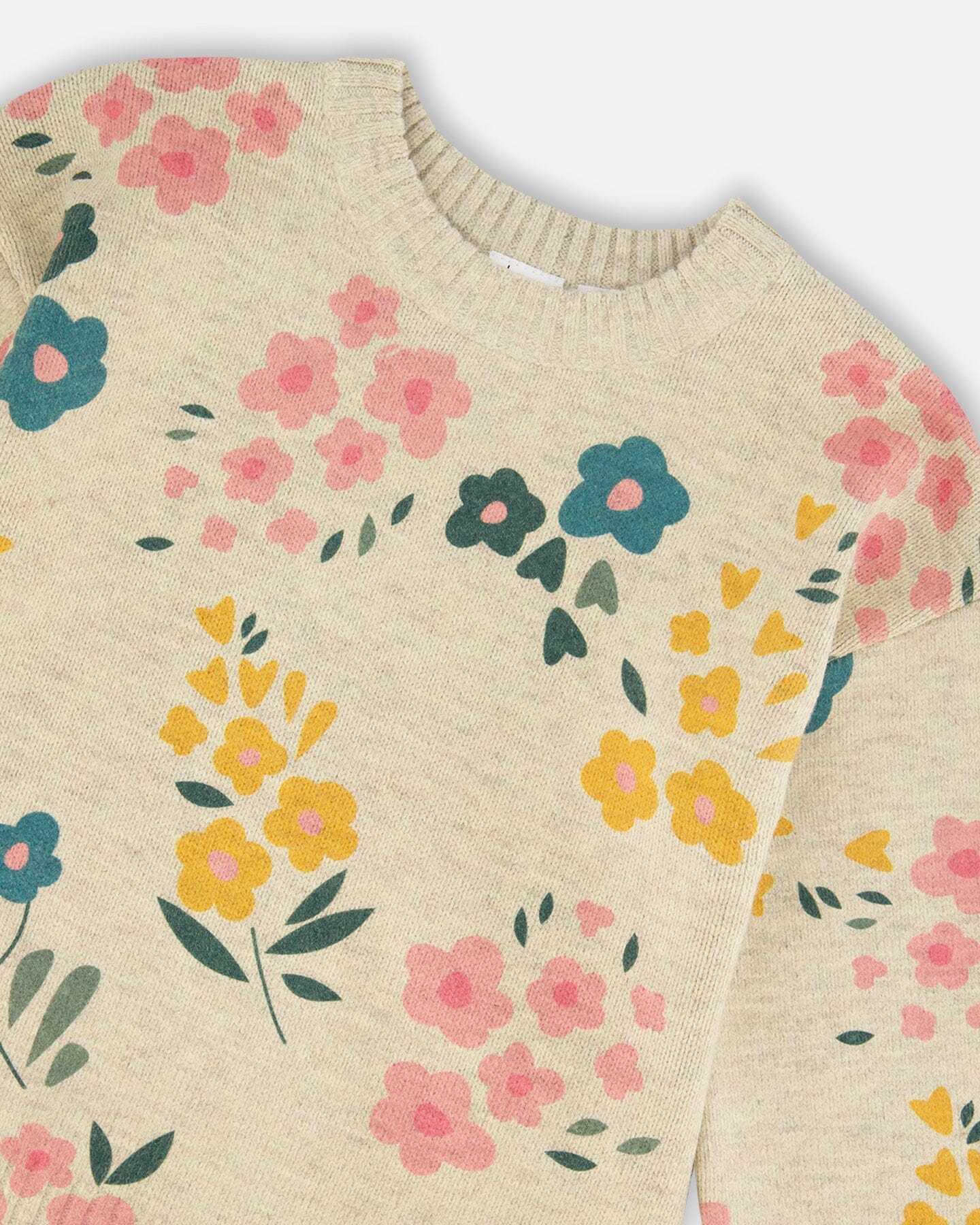 Knitted Sweater Heather Beige Gray With Floral Print - Deux par Deux