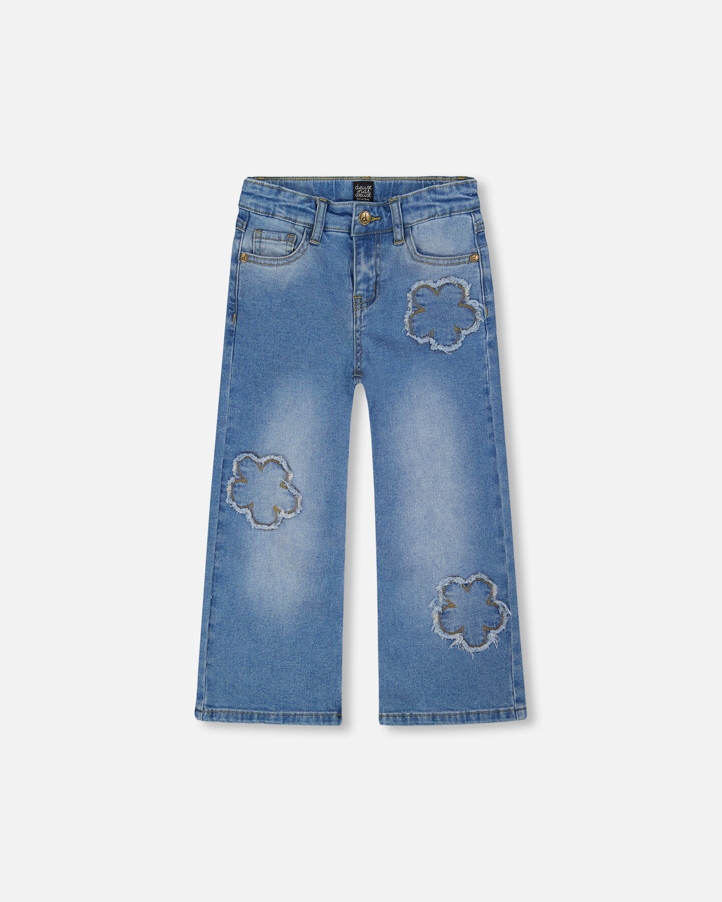 Wide Leg Stretch Light Blue Denim Jeans With Flower Stitching - Deux par Deux