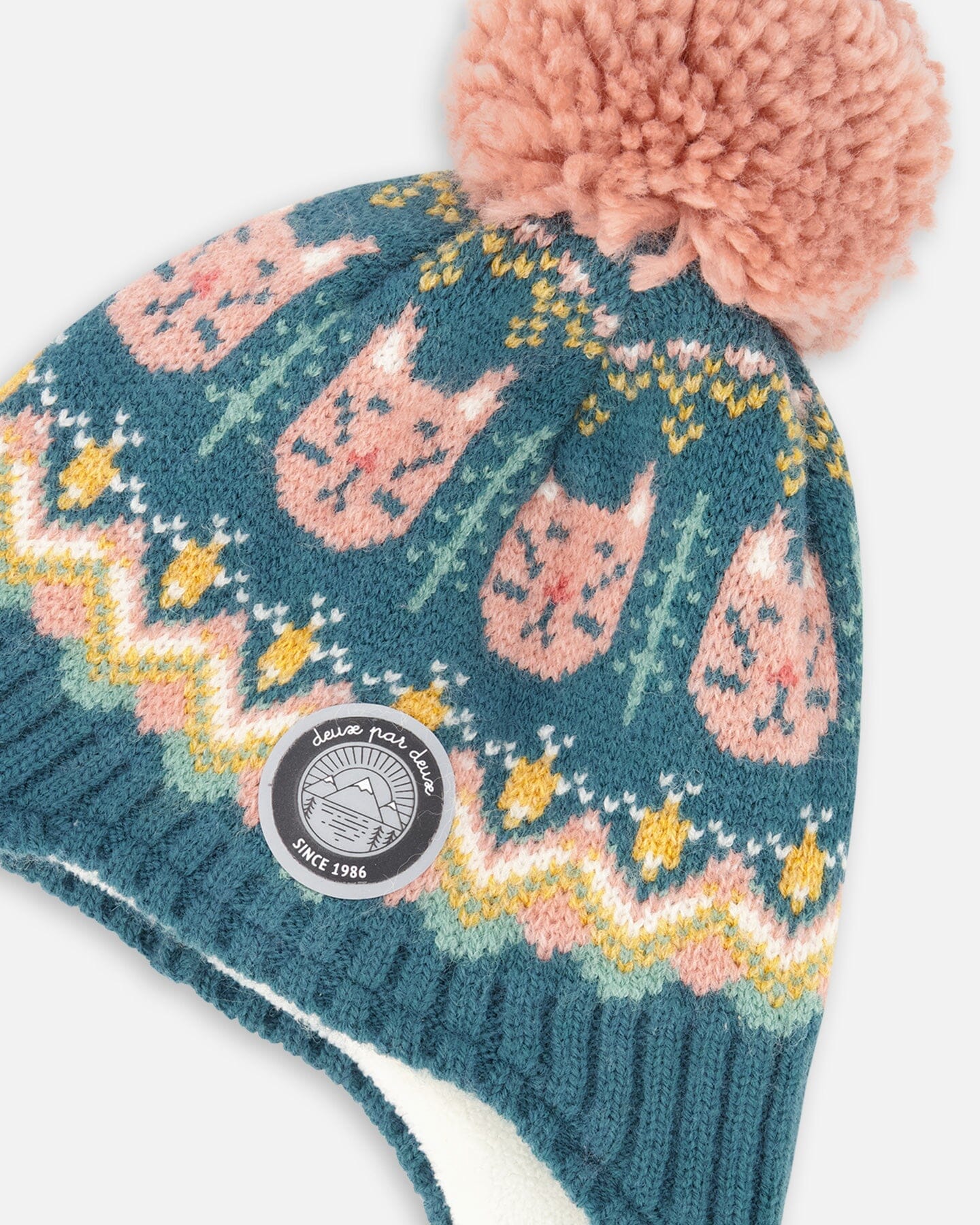 Lined Peruvian Knit Pompom Hat Green And Pink - Deux par Deux