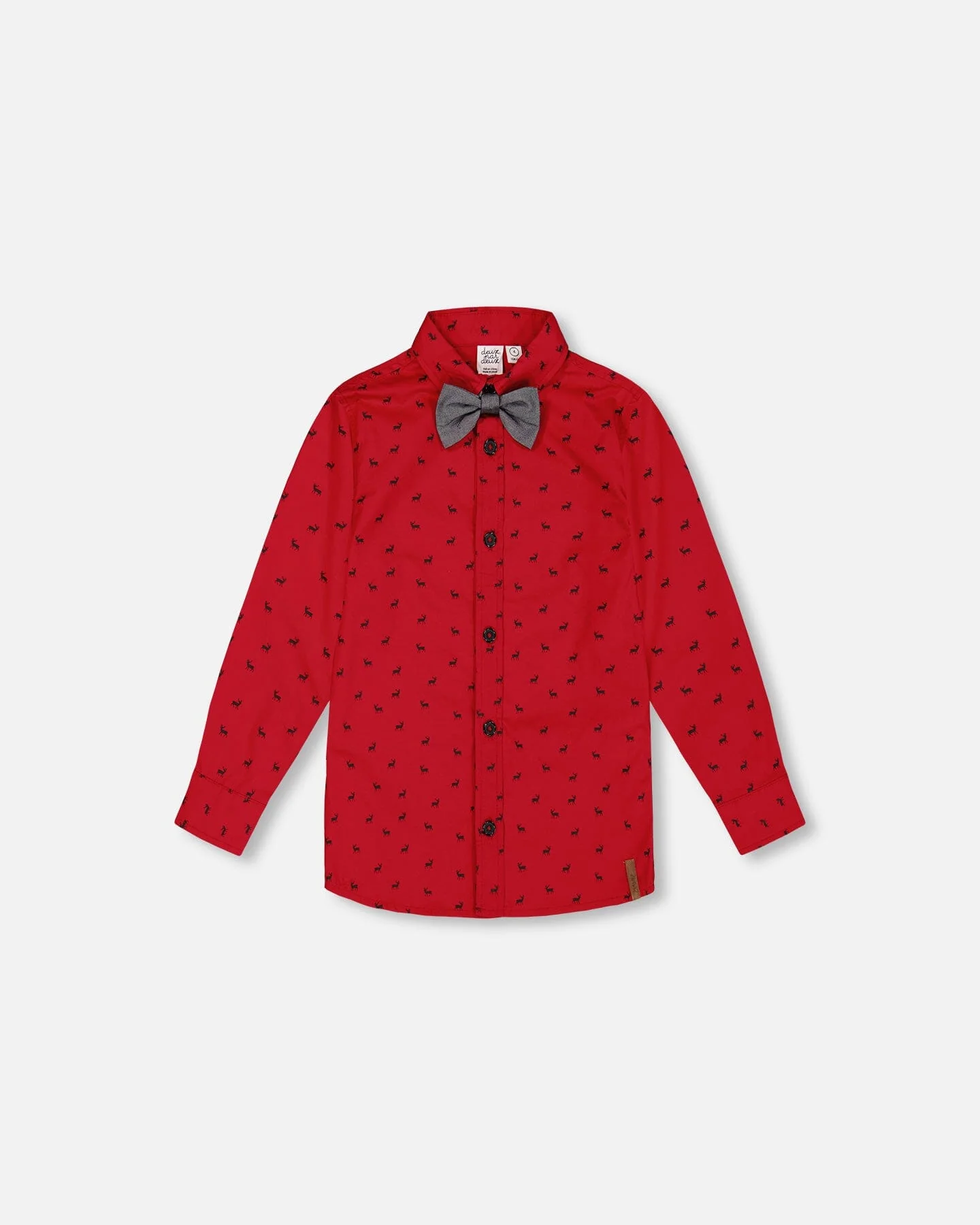 Printed Reindeer Poplin Shirt With Bow Tie Red - Deux par Deux