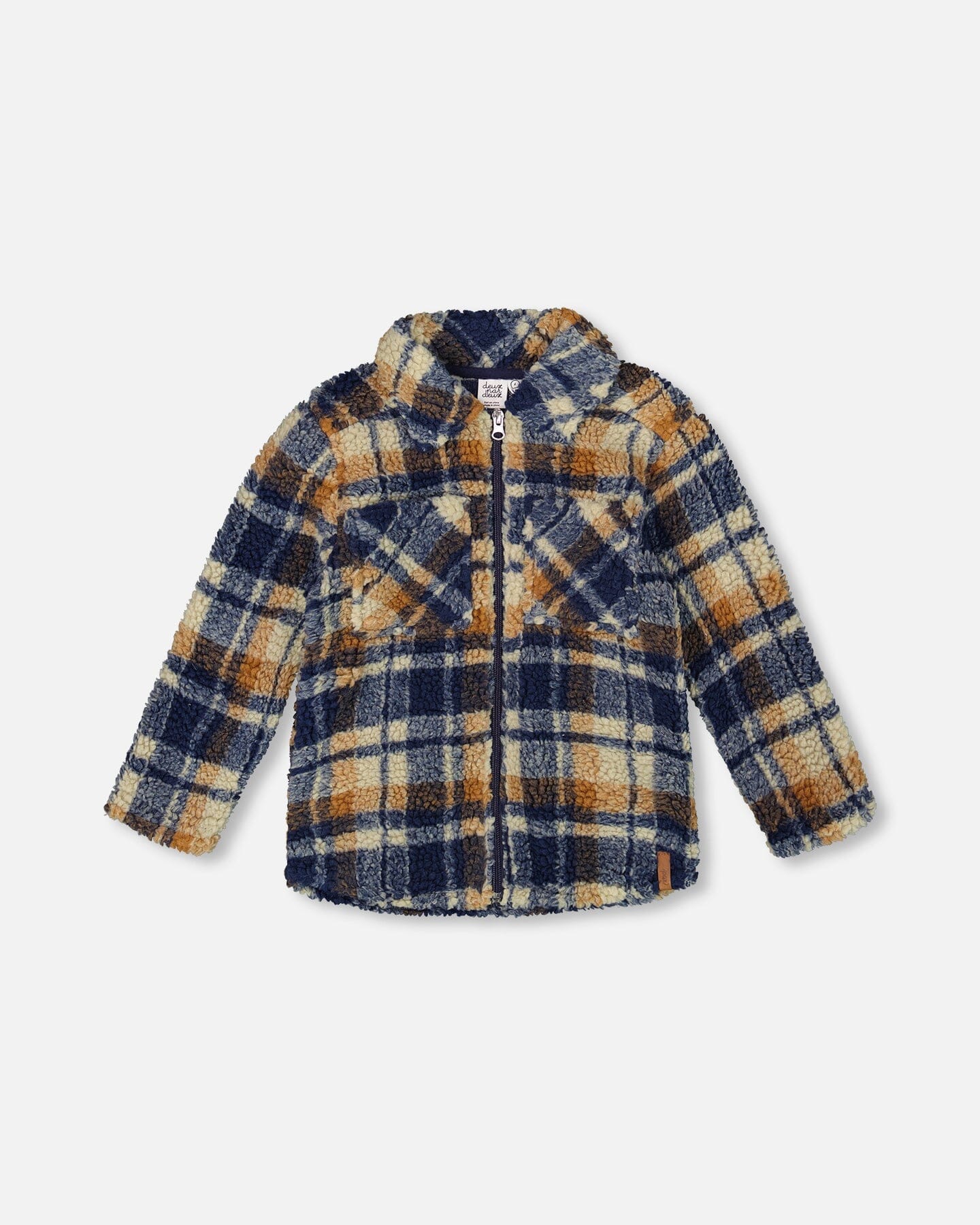 Sherpa Long Sleeve Zip Front Overshirt Blue And Brown Plaid - Deux par Deux