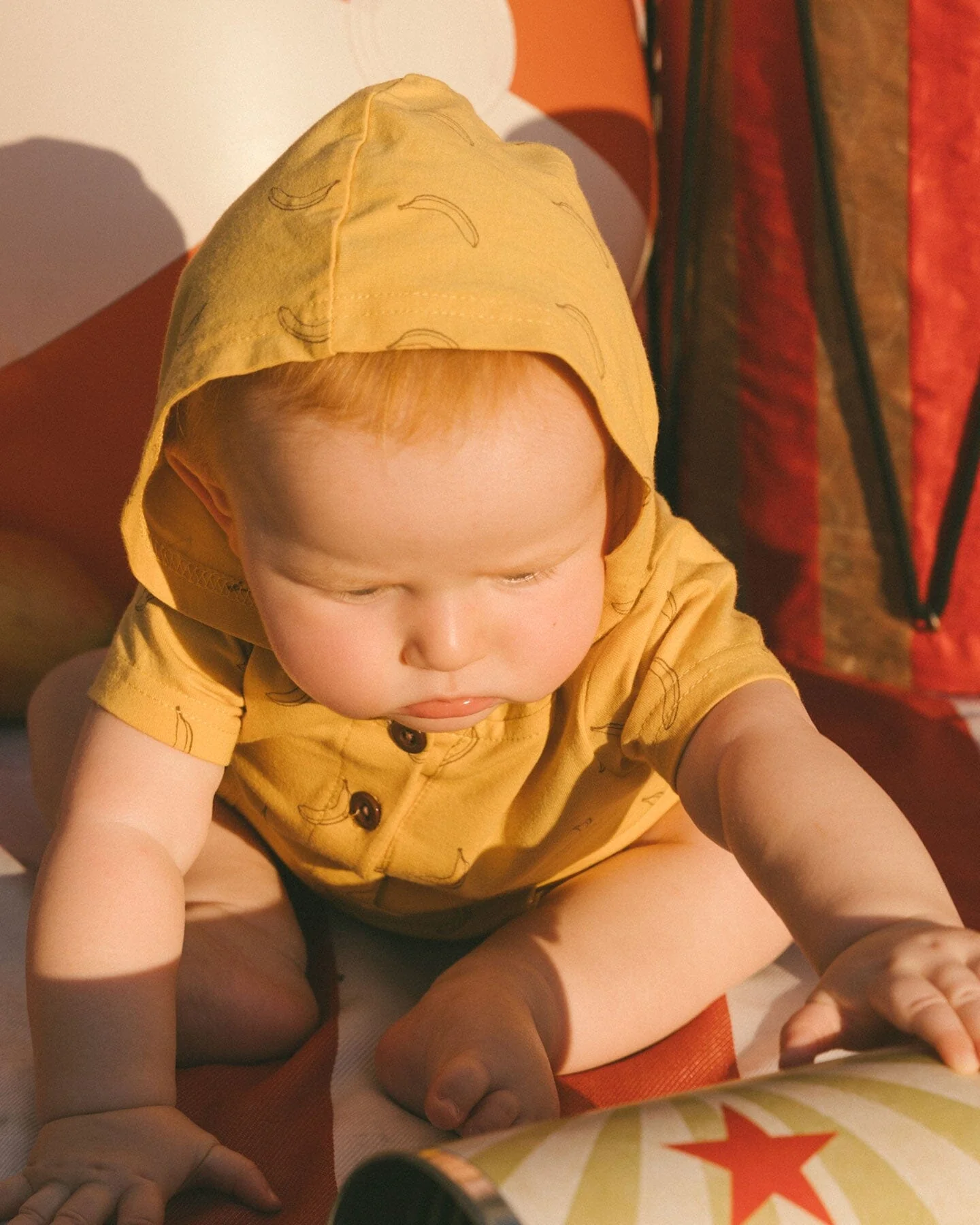 Printed Organic Cotton Hooded Romper Yellow Bananas - Deux par Deux