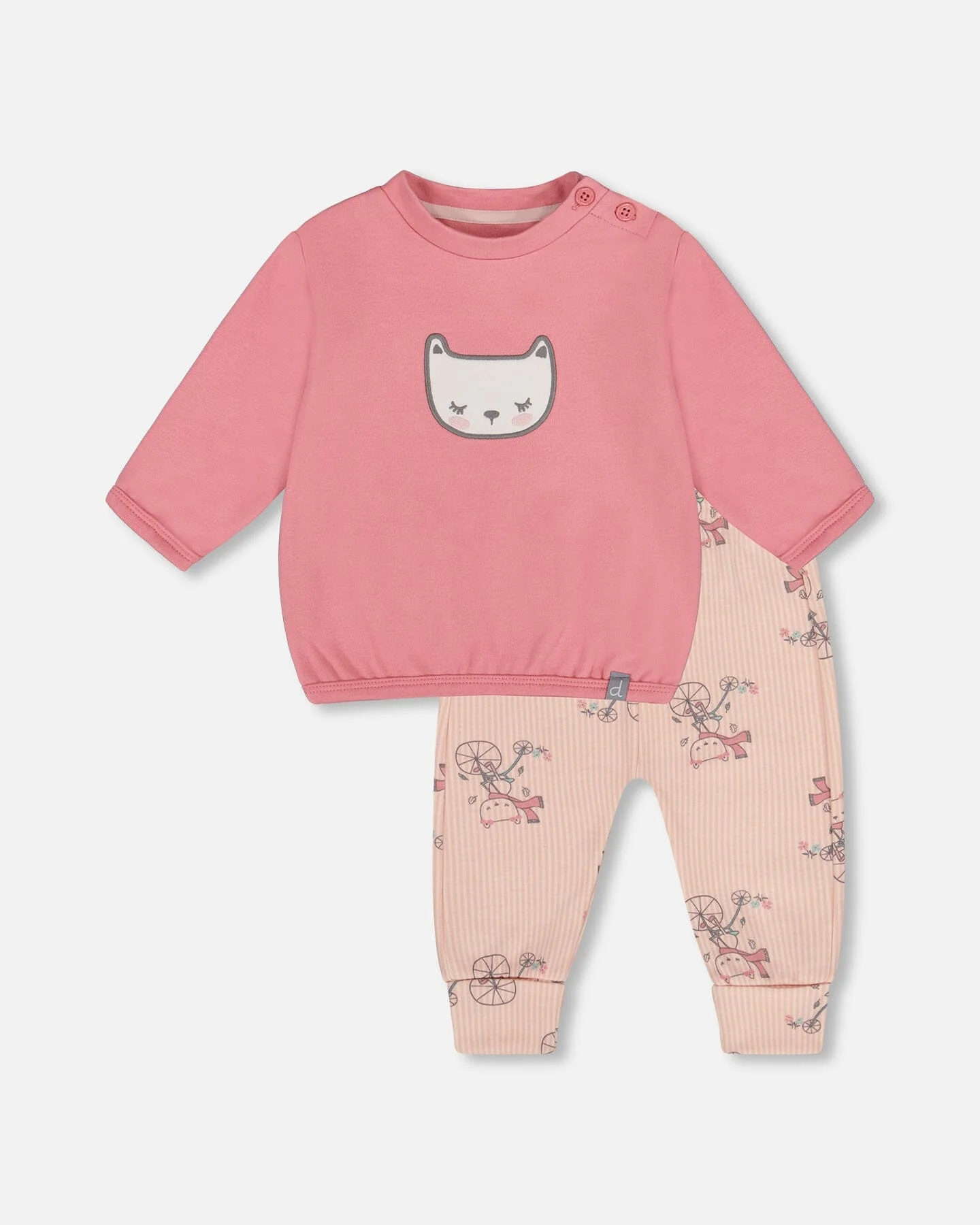 Organic Cotton Pant With Top Set Pink Cat Print - Deux par Deux
