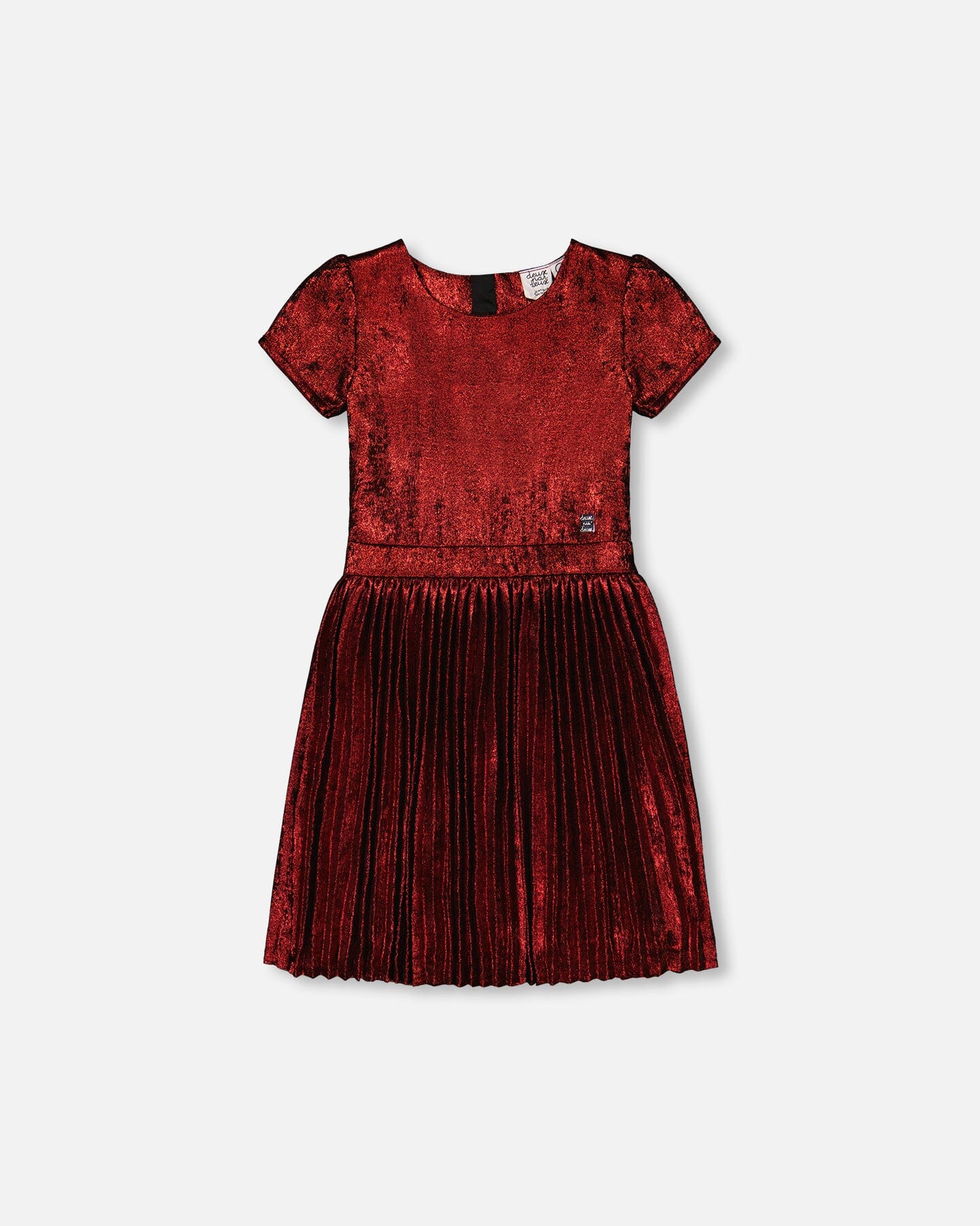 Short Sleeve Dress With Pleated Skirt Metallic Red - Deux par Deux