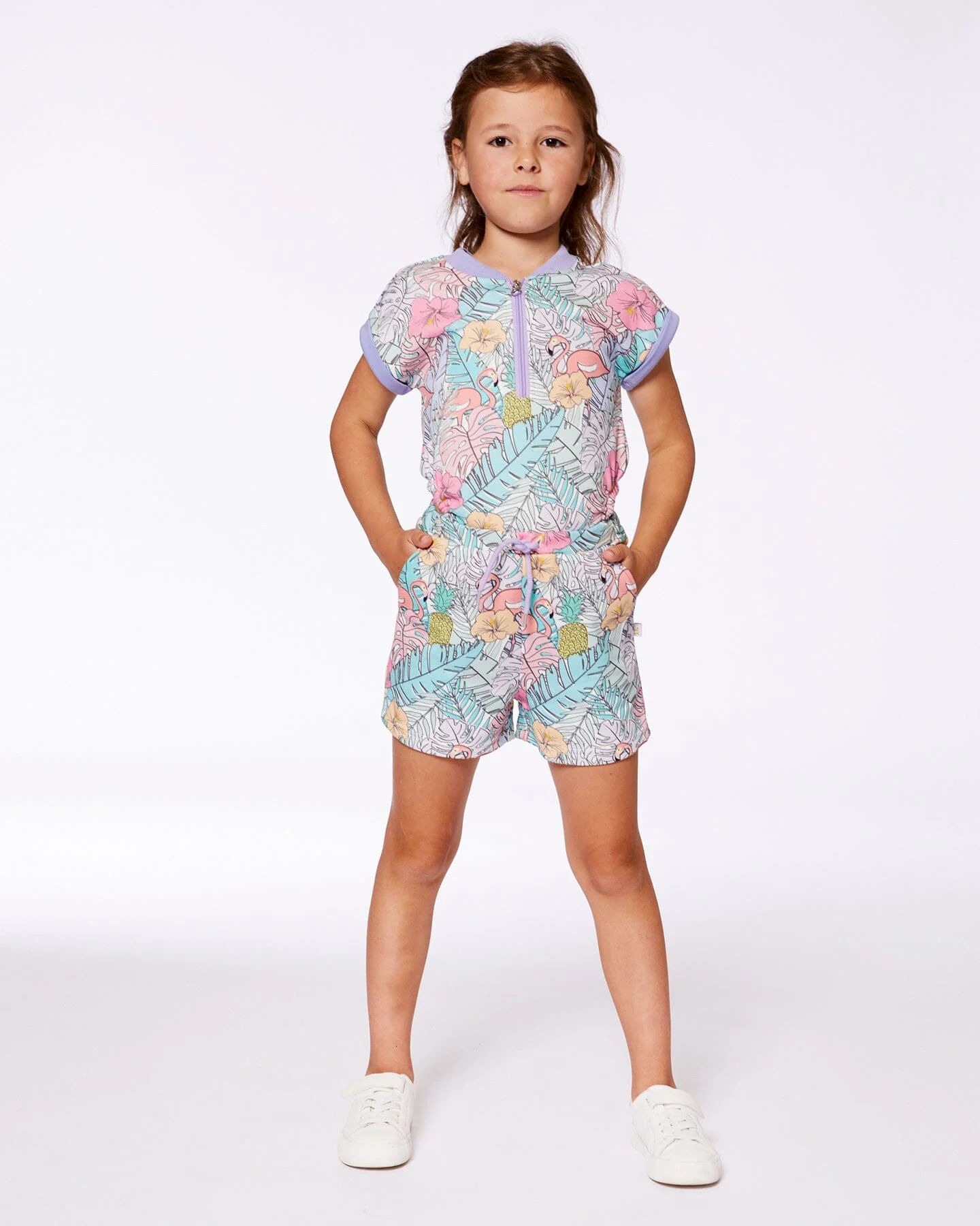 Printed French Terry Romper Lilac Tropical And Pink Flamingos - Deux par Deux
