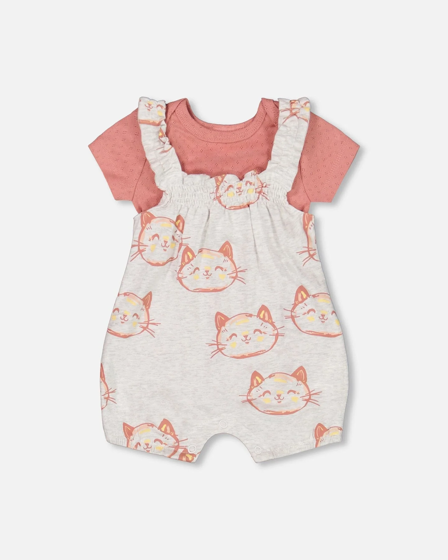 Organic Cotton Pointelle Knit Onesie And Shortall Set Heather Beige With Printed Cat - Deux par Deux