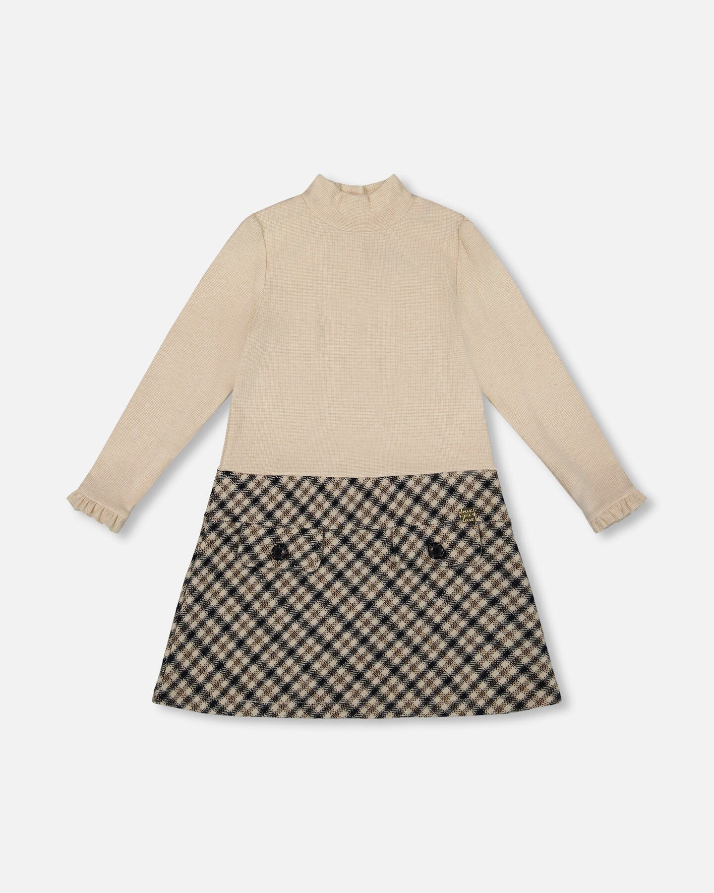 Long Sleeve Bi-Material Mock Neck Dress Beige And Plaid - Deux par Deux