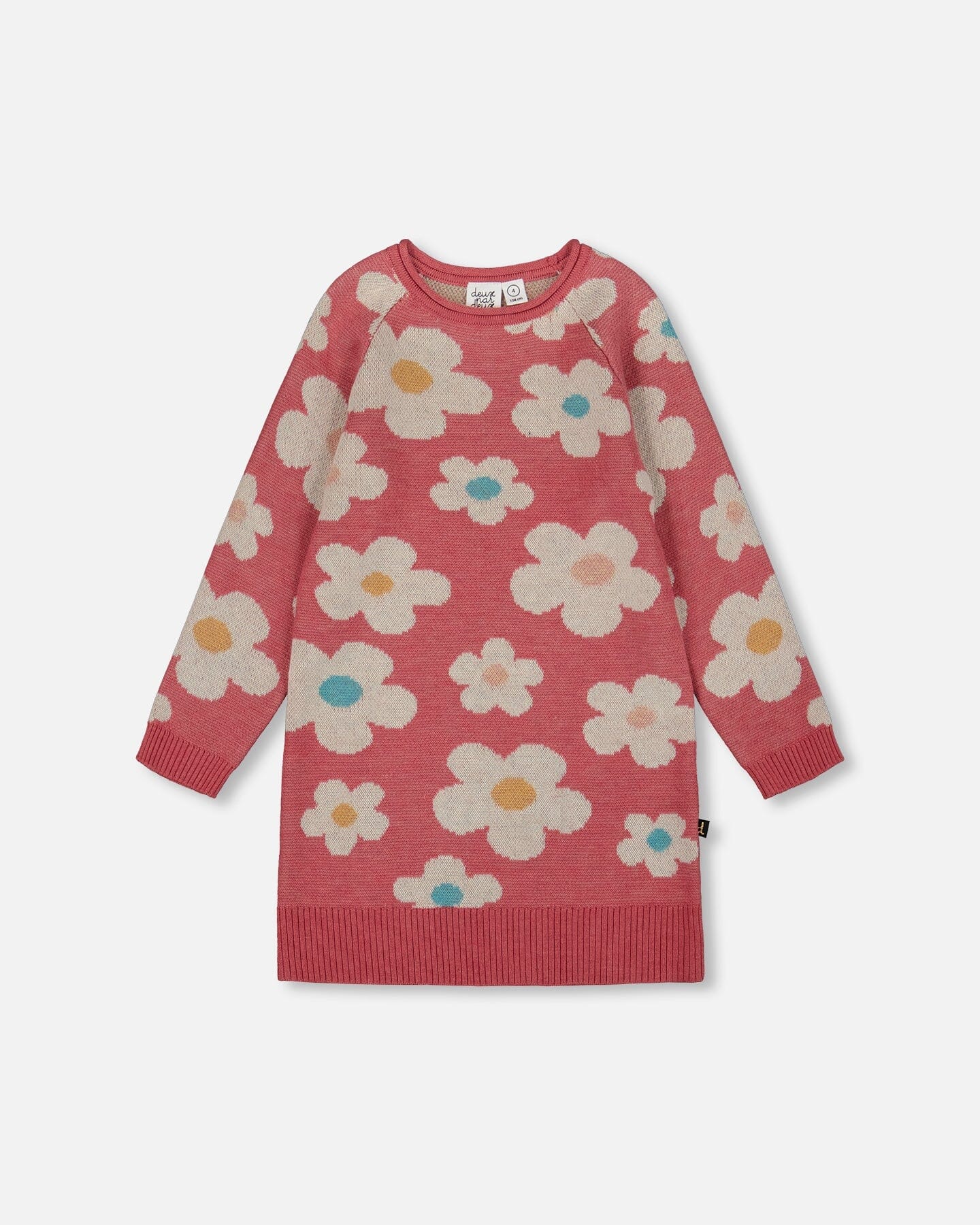 Knitted Dress With Flower Jacquard Old Pink And Beige - Deux par Deux