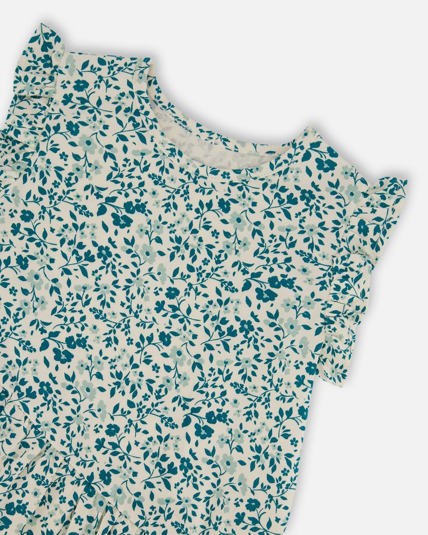 Printed Organic Cotton Tunic Top Small Turquoise Flowers - Deux par Deux