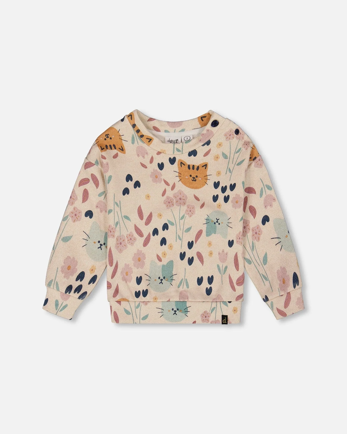 Glittering French Terry Sweatshirt Beige Cat Print - Deux par Deux