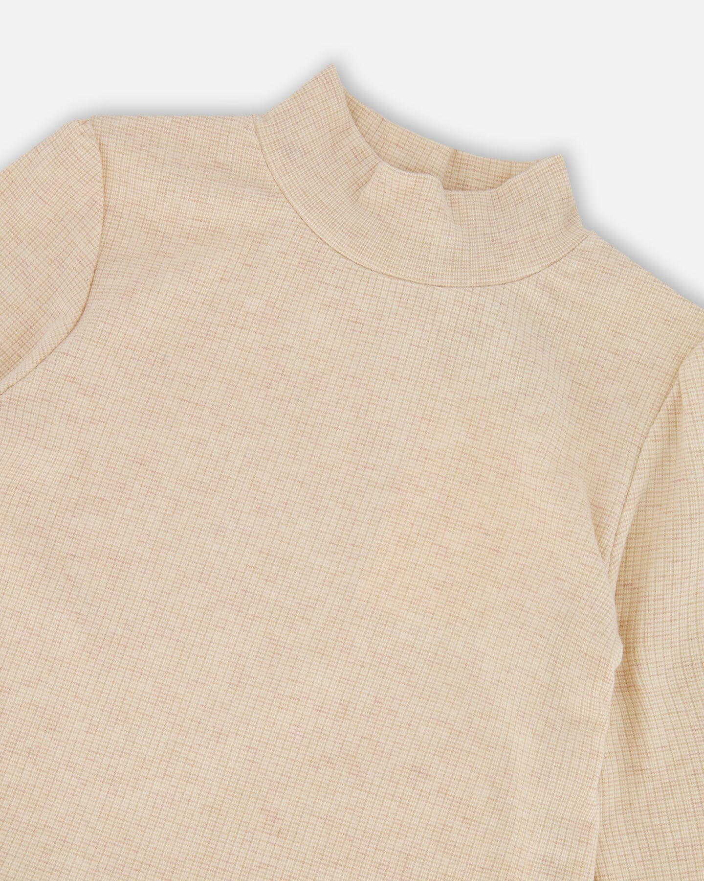 Long Sleeve Bi-Material Mock Neck Dress Beige And Plaid - Deux par Deux