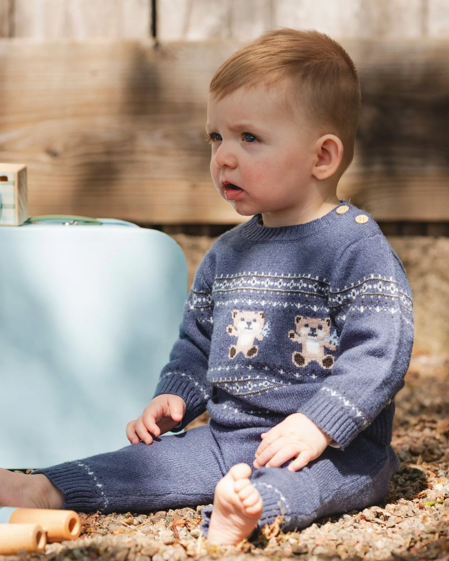 Knitted Jacquard Sweater And Pant Set Blue Gray With Bears - Deux par Deux