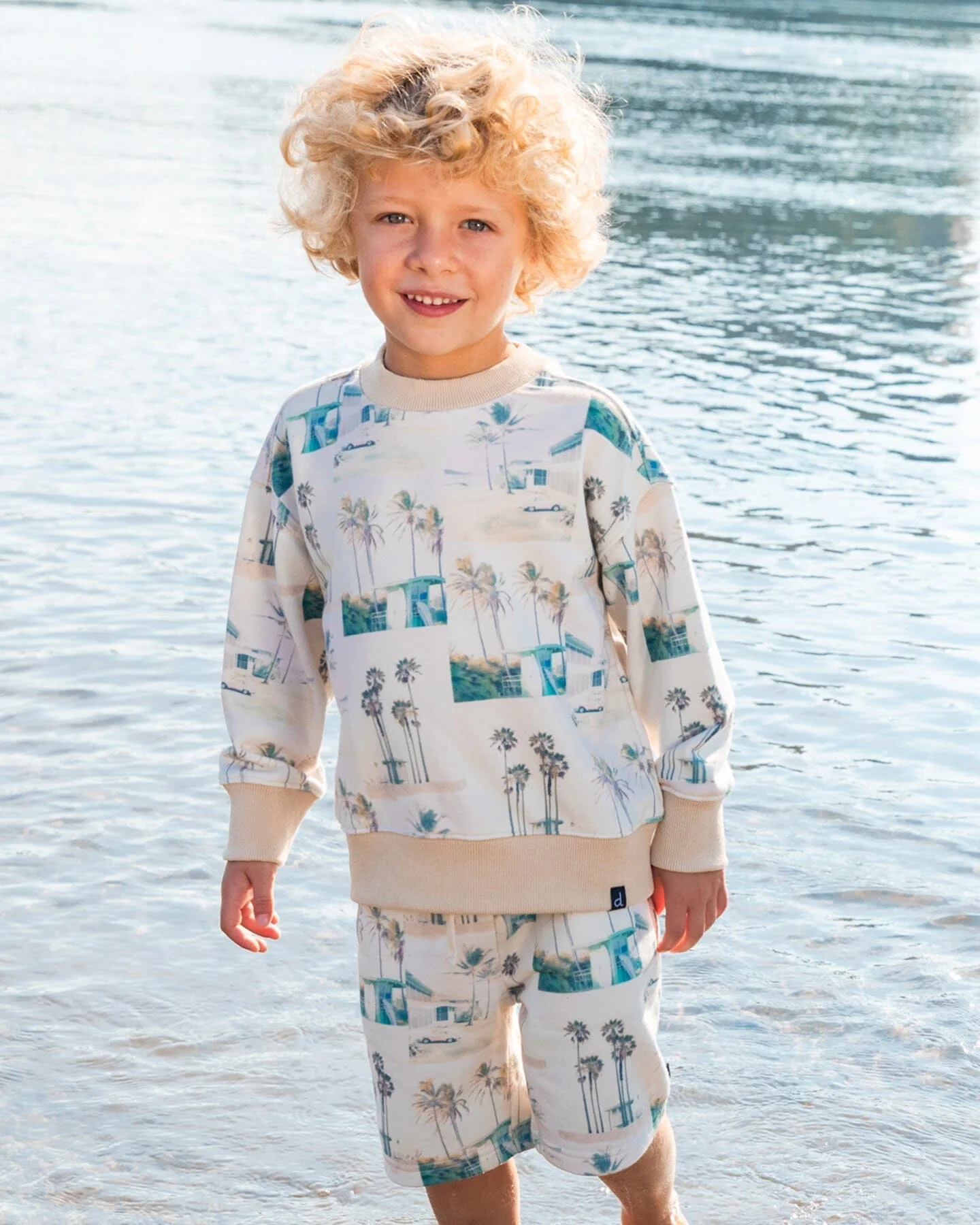 Printed Pullover Sweatshirt Beige Palm Tree And Teal - Deux par Deux