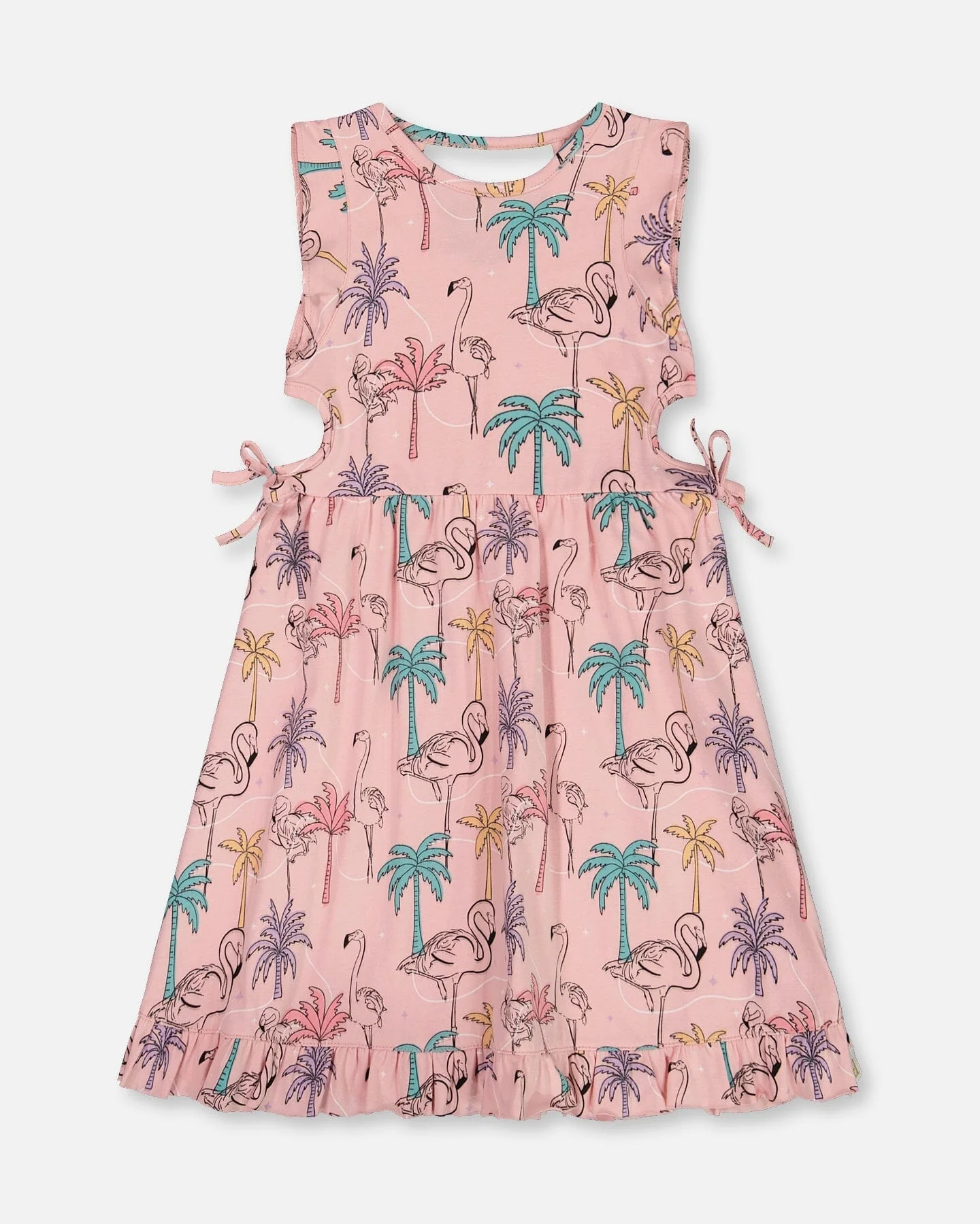Printed Organic Cotton Dress With Cut Outs Palm Trees, Pink Flamingo, And Turquoise - Deux par Deux