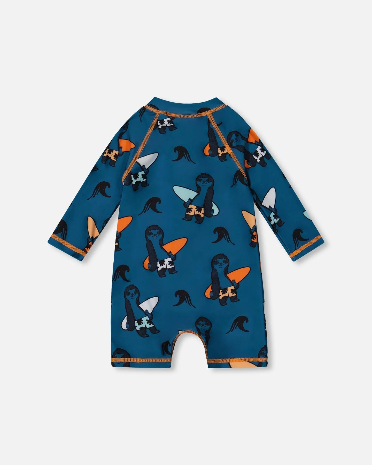 Printed Long Sleeve One-Piece Rashguard Orange Sloths On Navy Blue - Deux par Deux