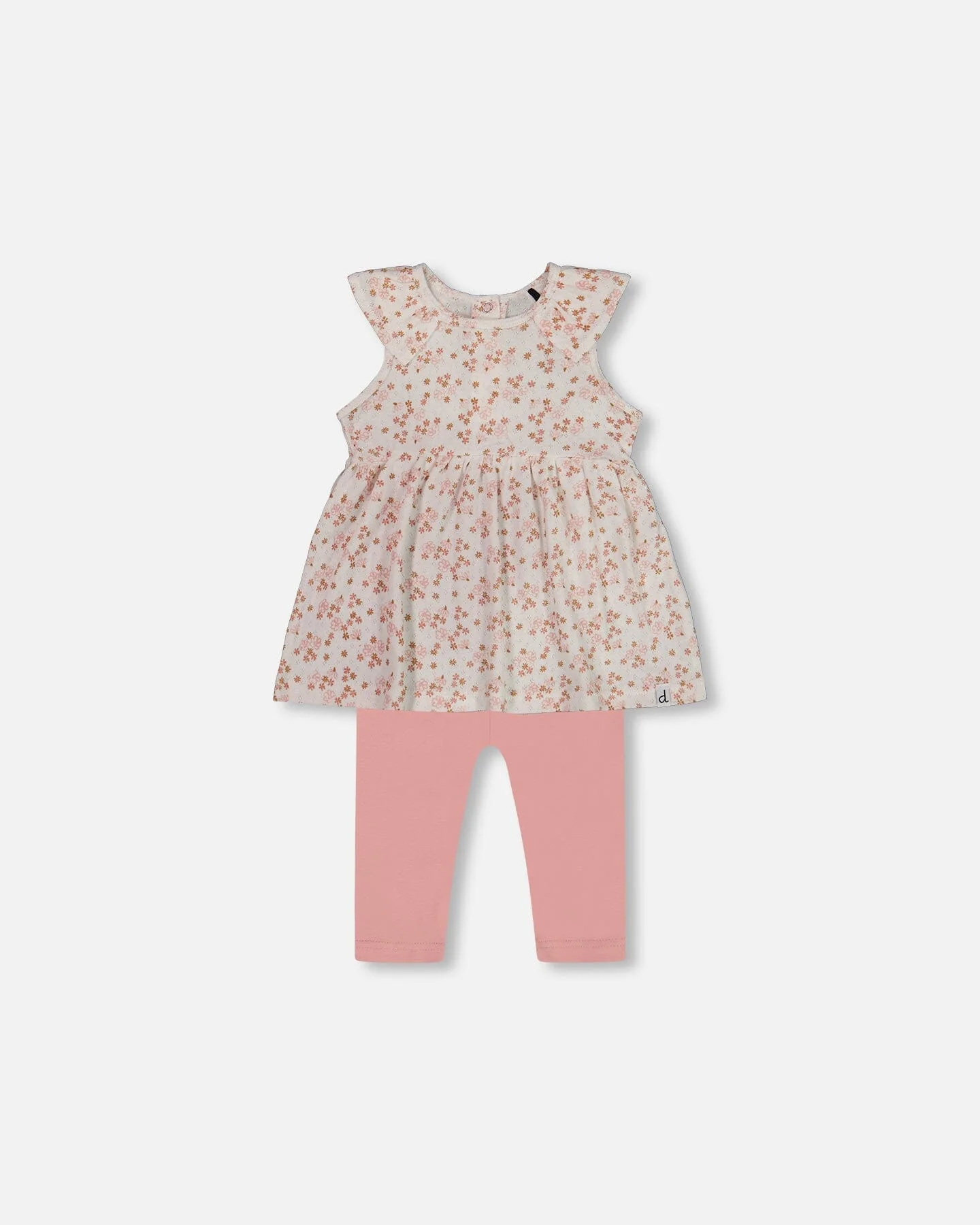 Printed Organic Cotton Tunic And Leggings Set White With Pink Flowers - Deux par Deux