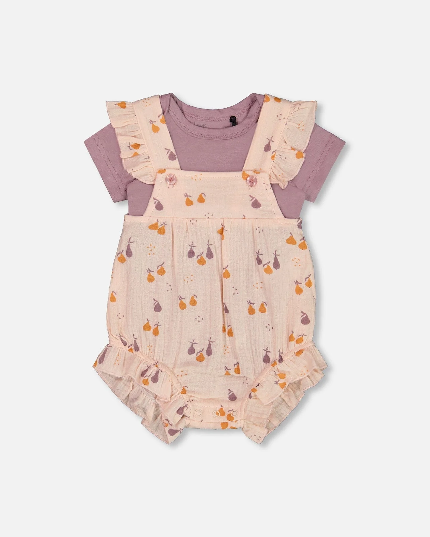 Printed Muslin Shortall And Organic Cotton Onesie Set Peach With Pears - Deux par Deux