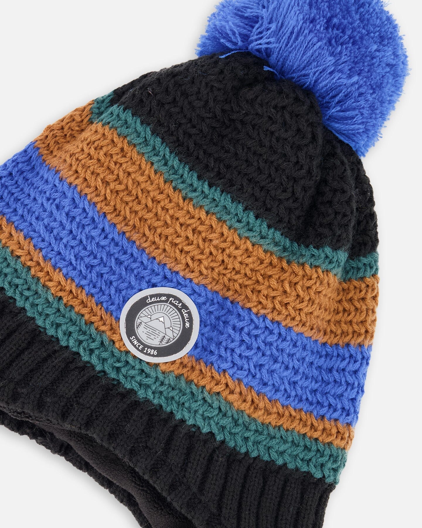 Lined Peruvian Knit Pompom Hat Black, Blue And Brown - Deux par Deux