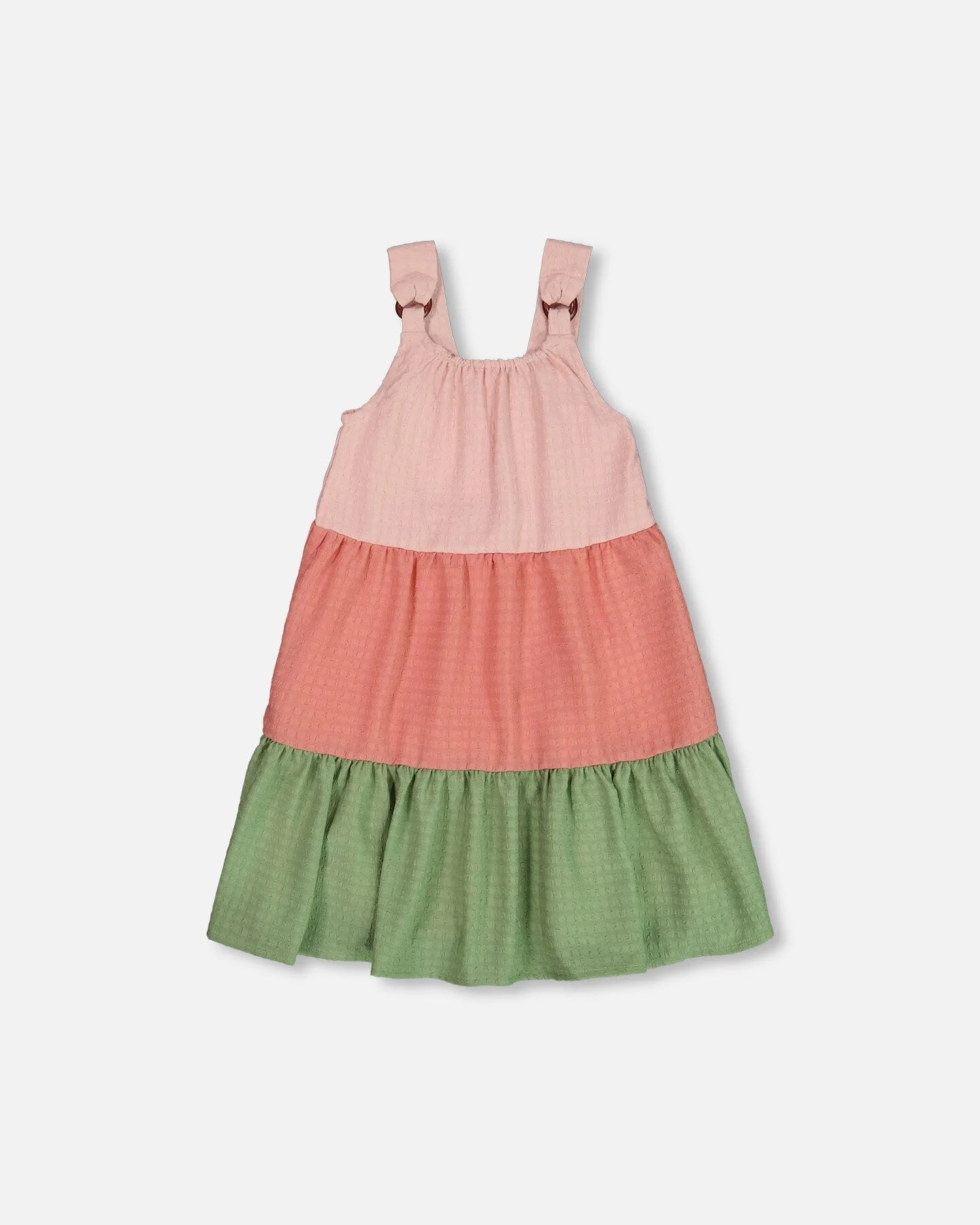 Tiered Color Block Peasant Dress Peach Pink And Green - Deux par Deux