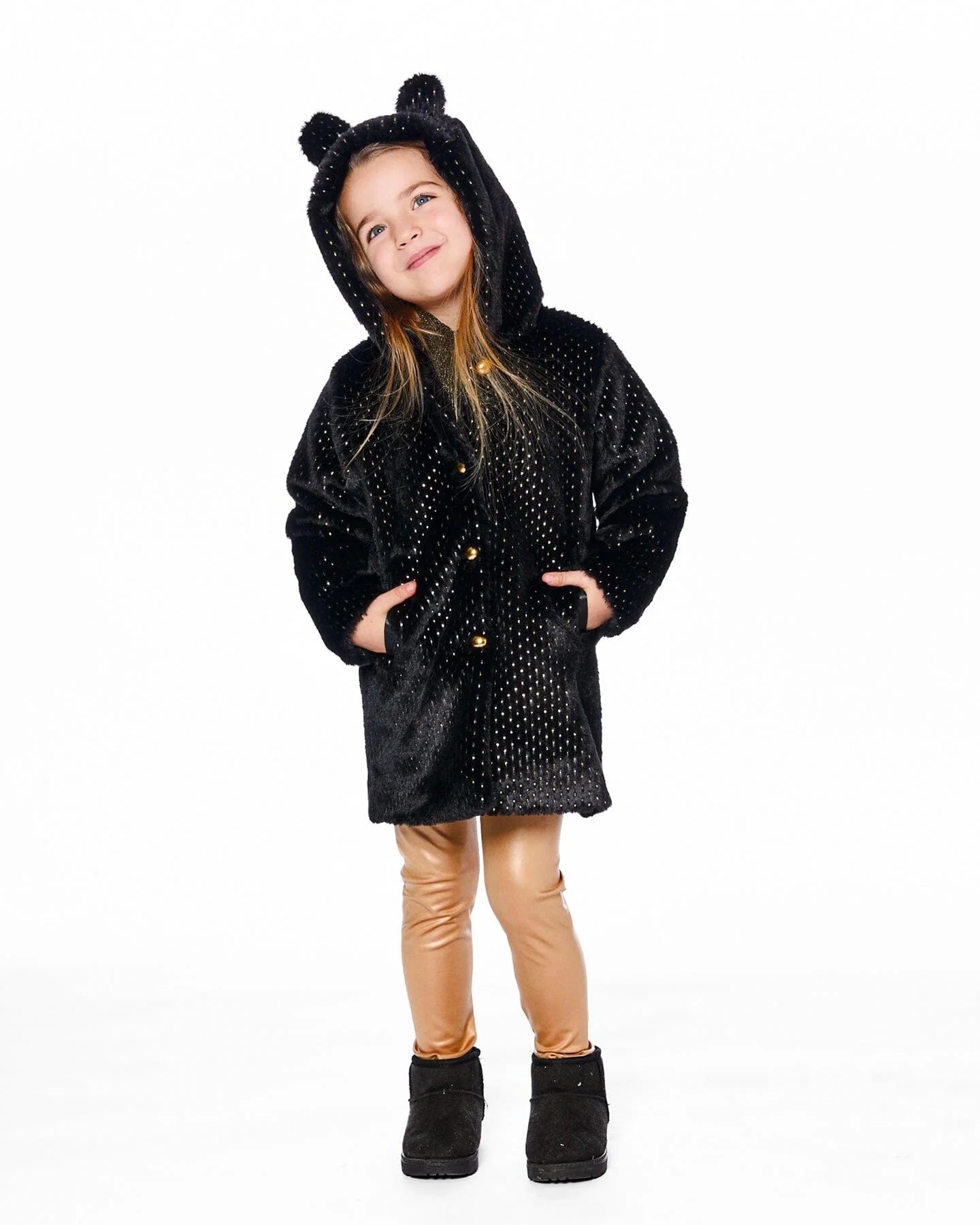 Bear Faux Fur Coat Black With Gold Polka Dots - Deux par Deux