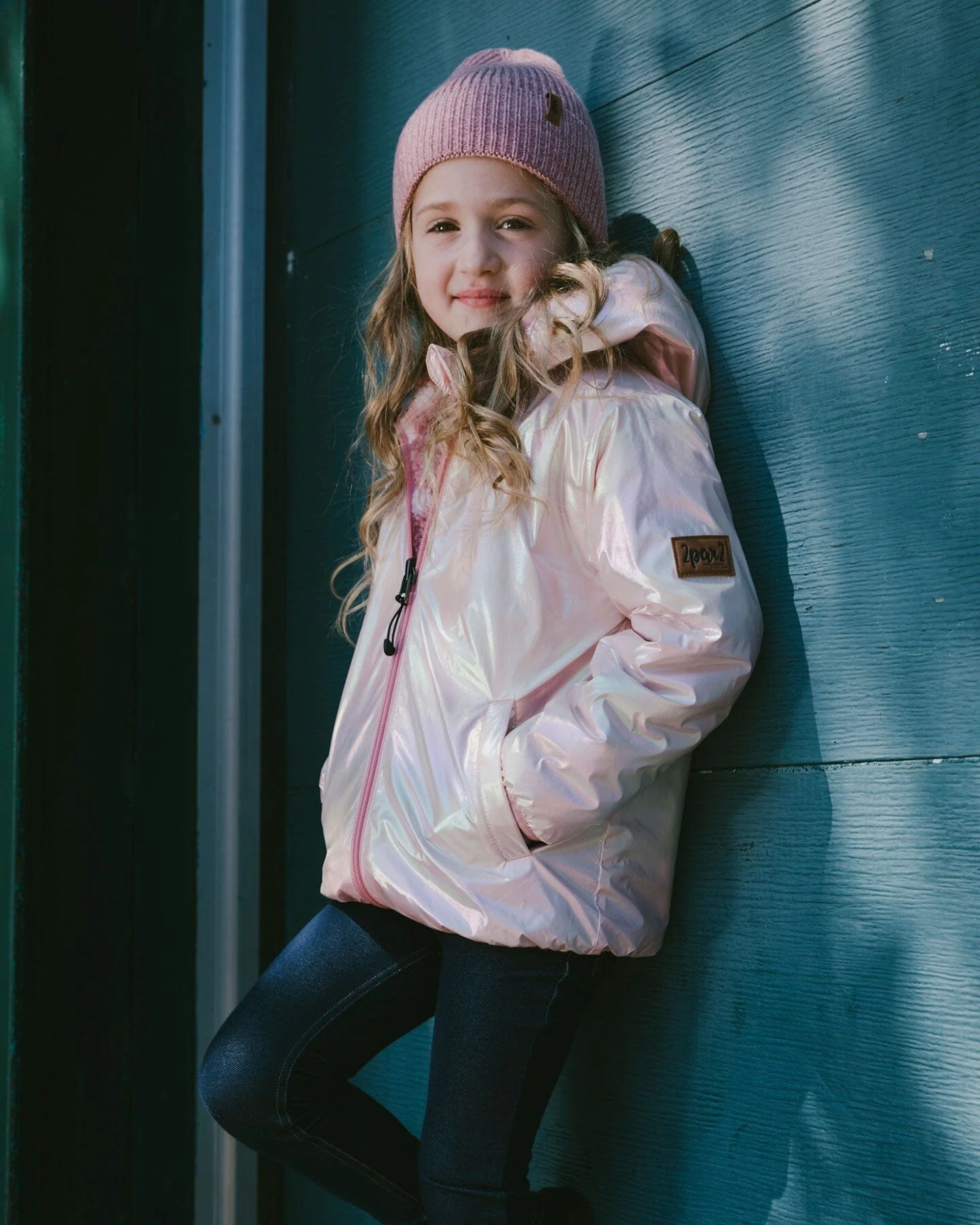Reversible Mid-Season Sherpa Jacket Pink Heart - Deux par Deux