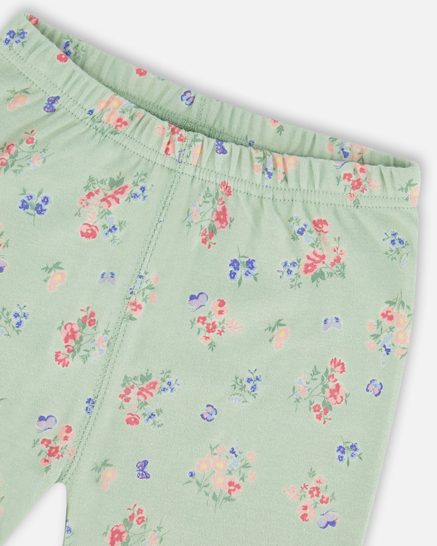 Organic Cotton Two-Piece Short Pajama Set Small Pink And Blue Flowers On Light Sage - Deux par Deux