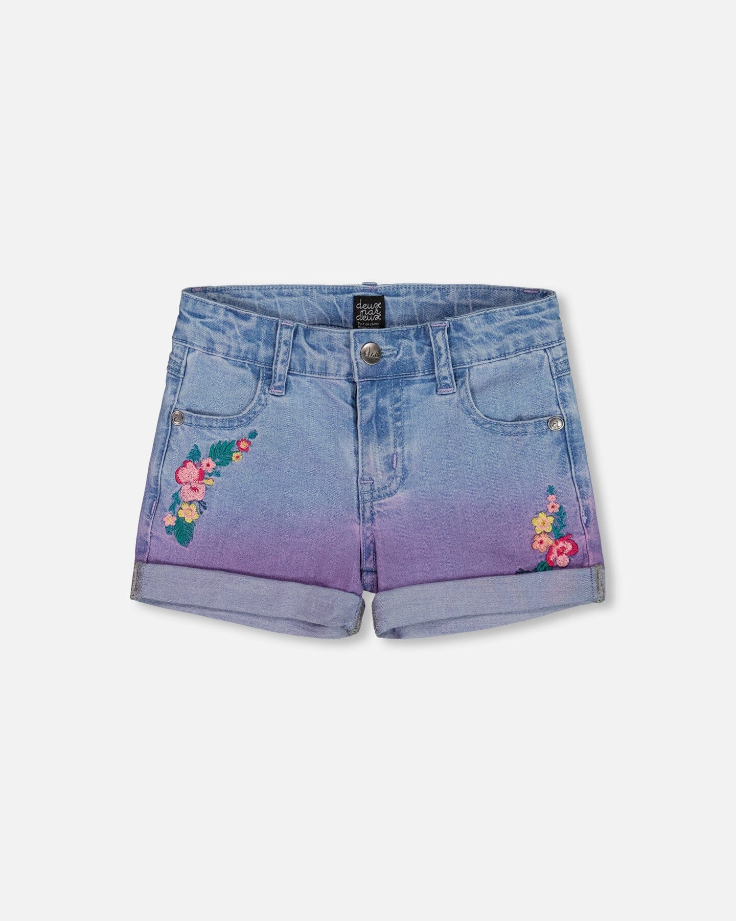 Cuffed Denim Shorts With Embroidery Floral Jeans Blue - Deux par Deux