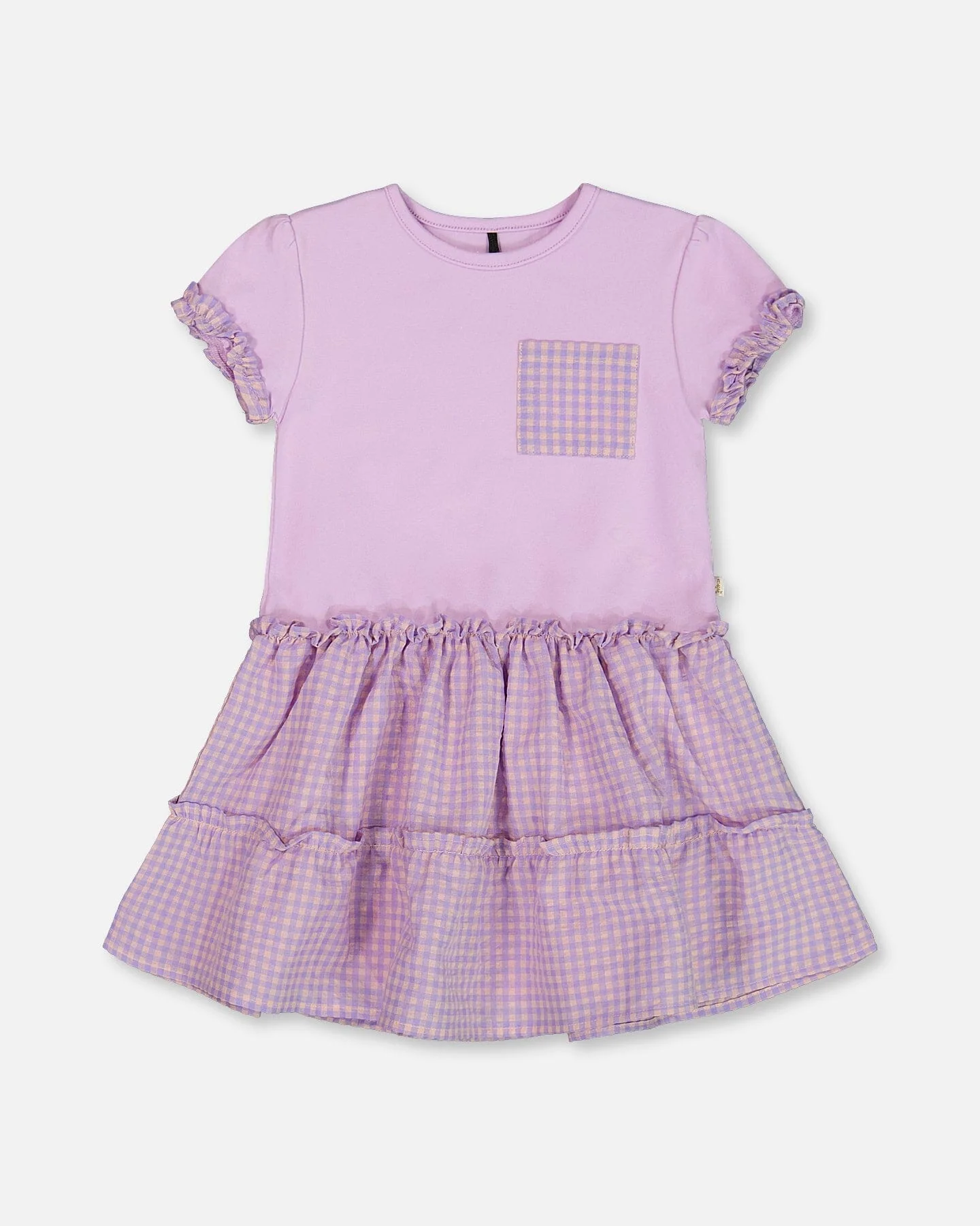 Bi-Material Dress With Ruffle Gingham Skirt Lilac And White - Deux par Deux