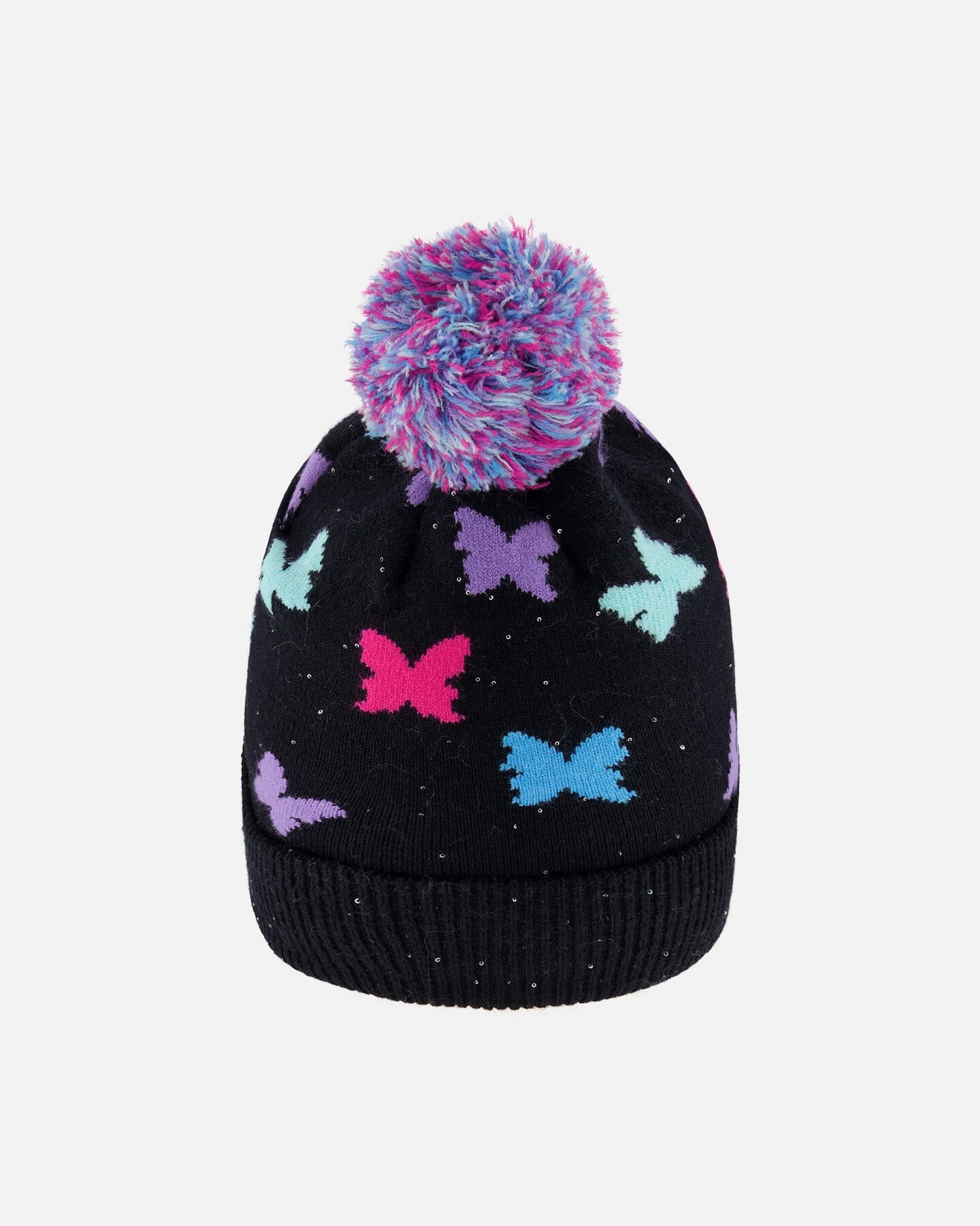Lined Knit Pompom Hat Black Butterfly Pattern - Deux par Deux