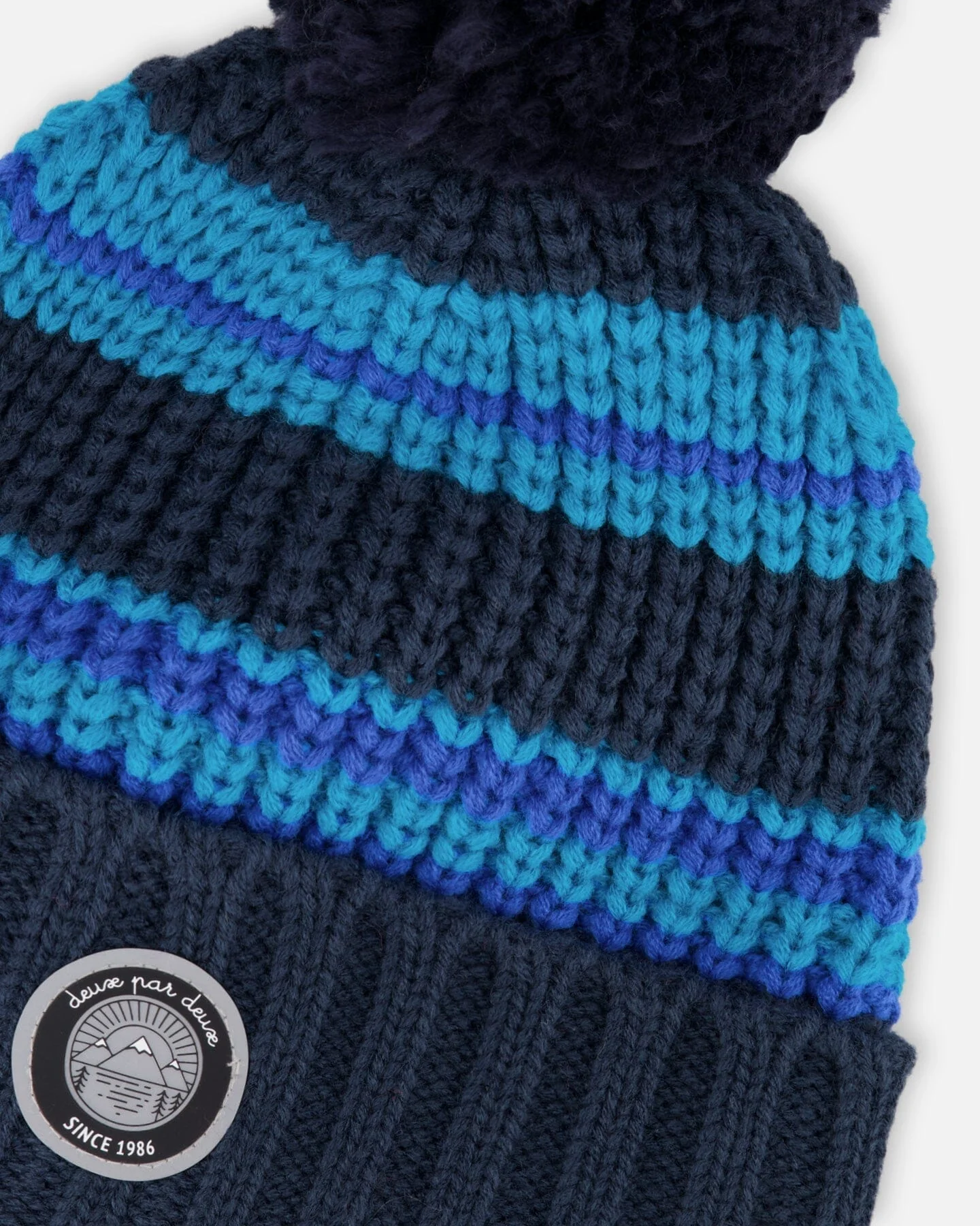 Lined Knit Winter Hat With Pompom Black And Blue - Deux par Deux