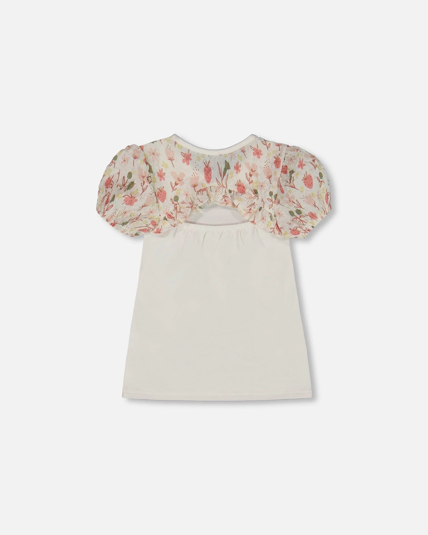 Bi-Material Organic Cotton Top With Puff Sleeve Pink Flowers On Cream Background - Deux par Deux